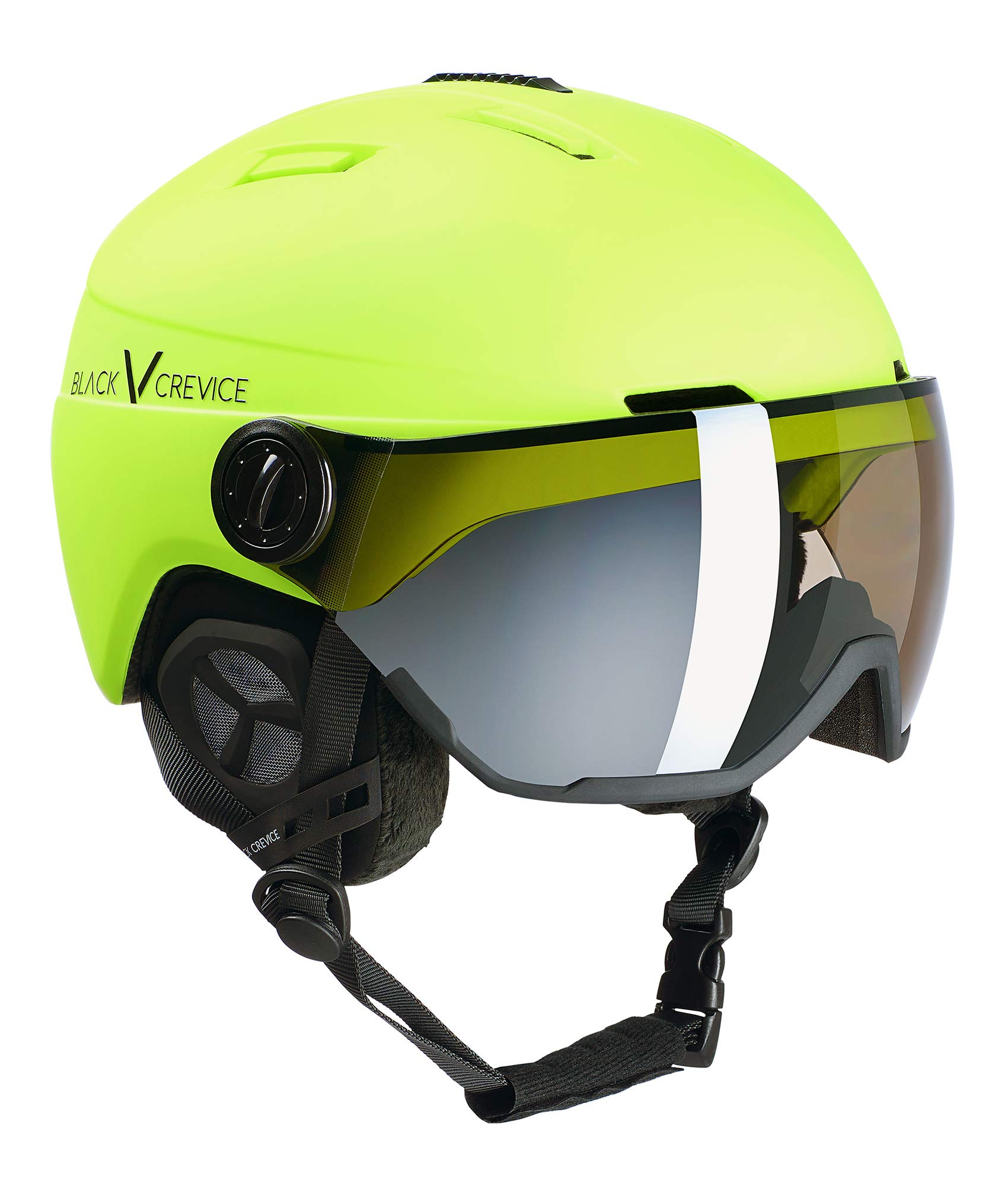 Black Crevice Calgary Ski Helmet with Visor, Neon Yellow Matte/Silver, S (51-54)