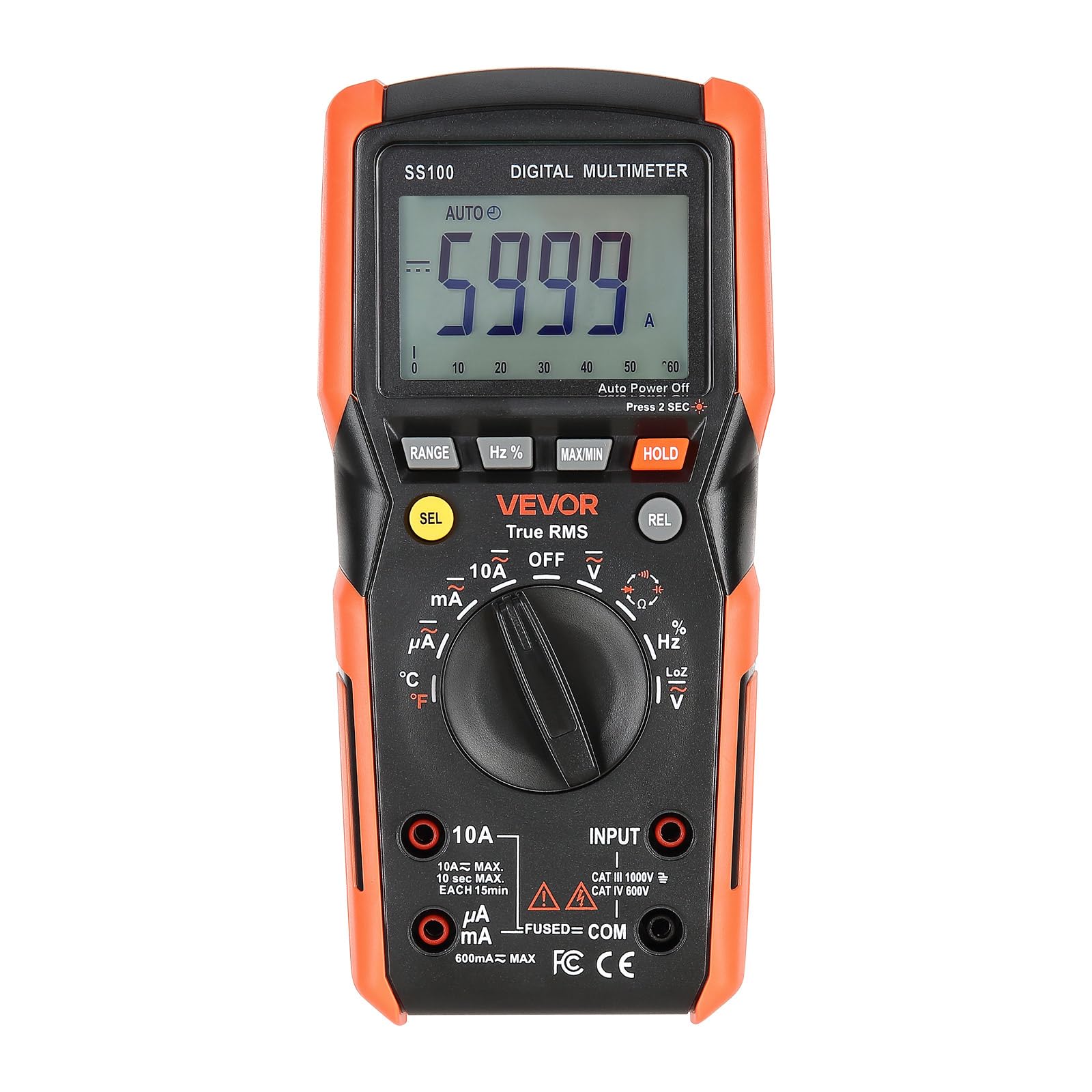 VEVOR Multímetro Digital TRMS, 6000 Cuentas, Voltímetro, Prueba de Voltaje CA/CC, Corriente, Resistencia, Capacitancia, Frecuencia, Temperatura, Continuidad, Baja Impedancia y Ciclo de Trabajo