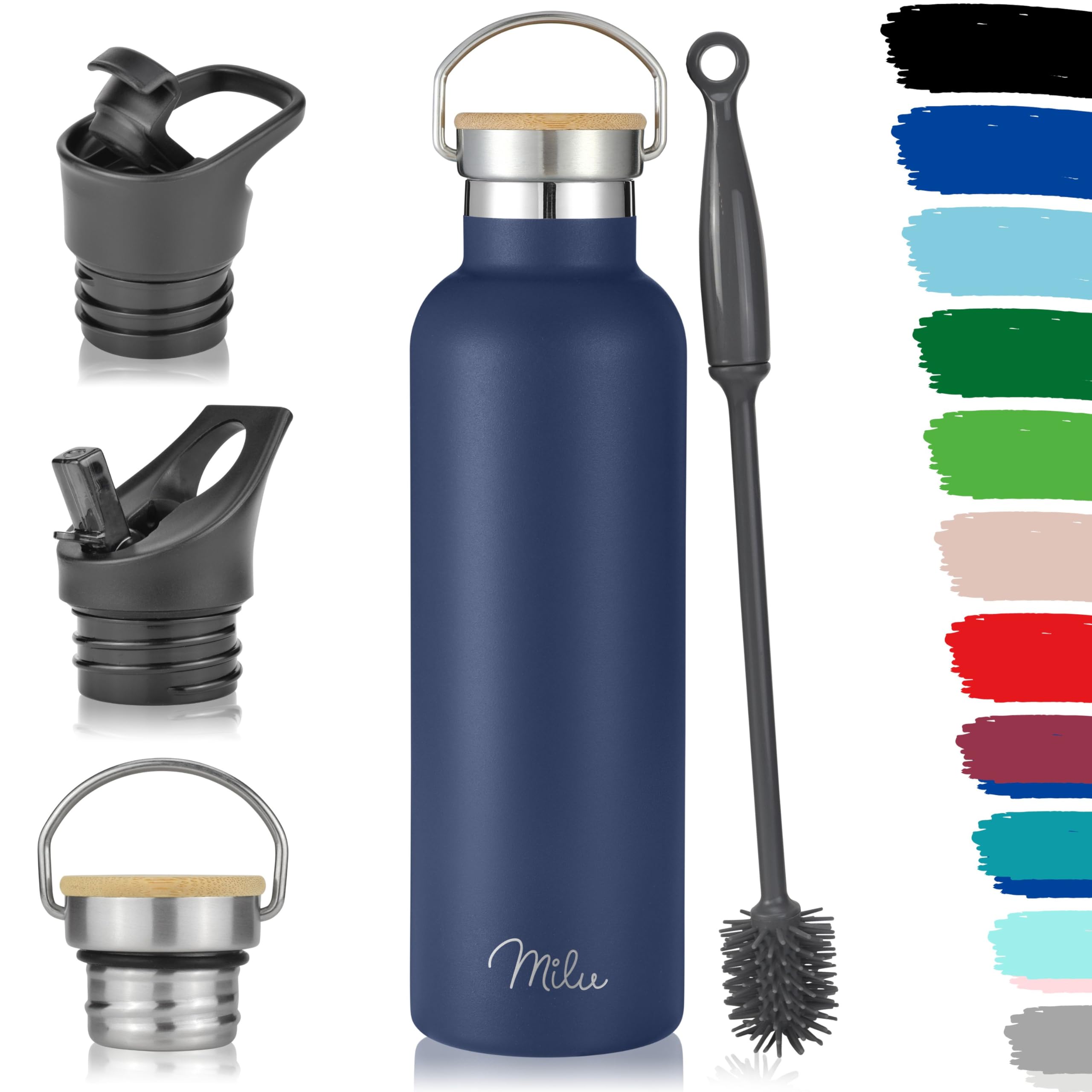 Milu Navy Blue Stainless Steel Drinking Bottle 350Ml, 500Ml, 750Ml, 1L (+3 Lids) - Thermo Bottle With Straw, Water Bottle, For Hot, Cold & Carbonated Drinks (, 750Ml)