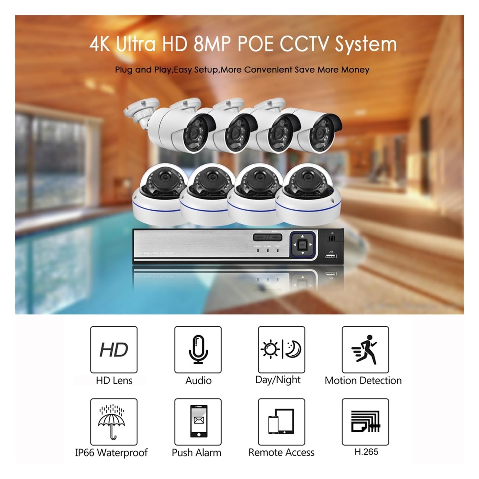 Zestaw Kamer IP 4K Ultra HD 8MP H.265 POE NVR Do Monitoringu Zewnętrznego I Wewnętrznego Z Nagrywaniem Dźwięku Obrazu P2P Wykrywanie Ruchu(None,4CH NVR and 4 Camera)