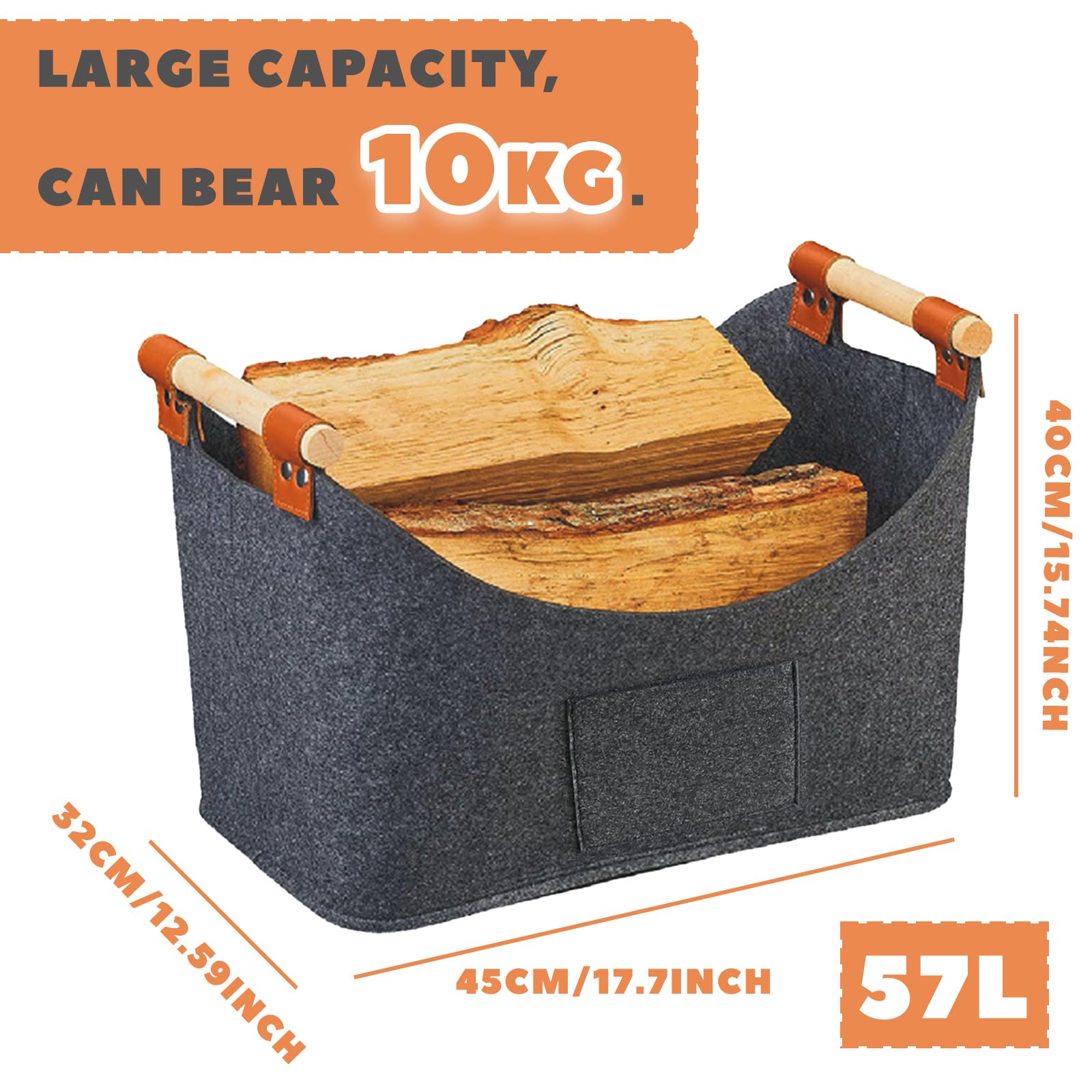 2-Pack Felt Firewood Baskets with Wooden Handles, 57L Foldable Log Holder for Indoor/Outdoor Fireplace - Image 2