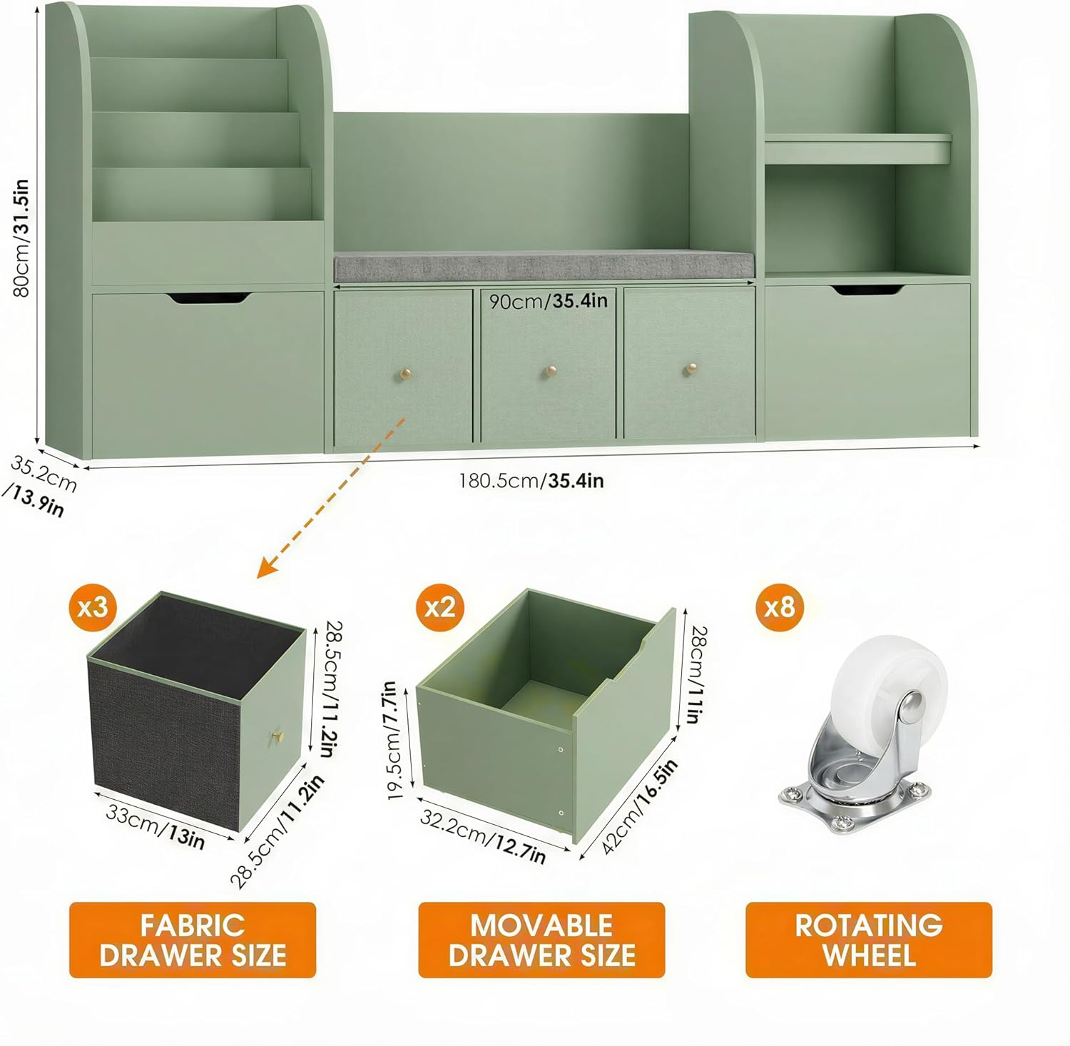 FOTOSOK 71” Kids Bookshelf with Reading Nook, Toy Storage Organizer with Seat Cushion and 2 Movable Drawers & 3 Fabric Toy Chests, Kids Reading Nook Toy Organizers and Storage with Bench for Playroom
