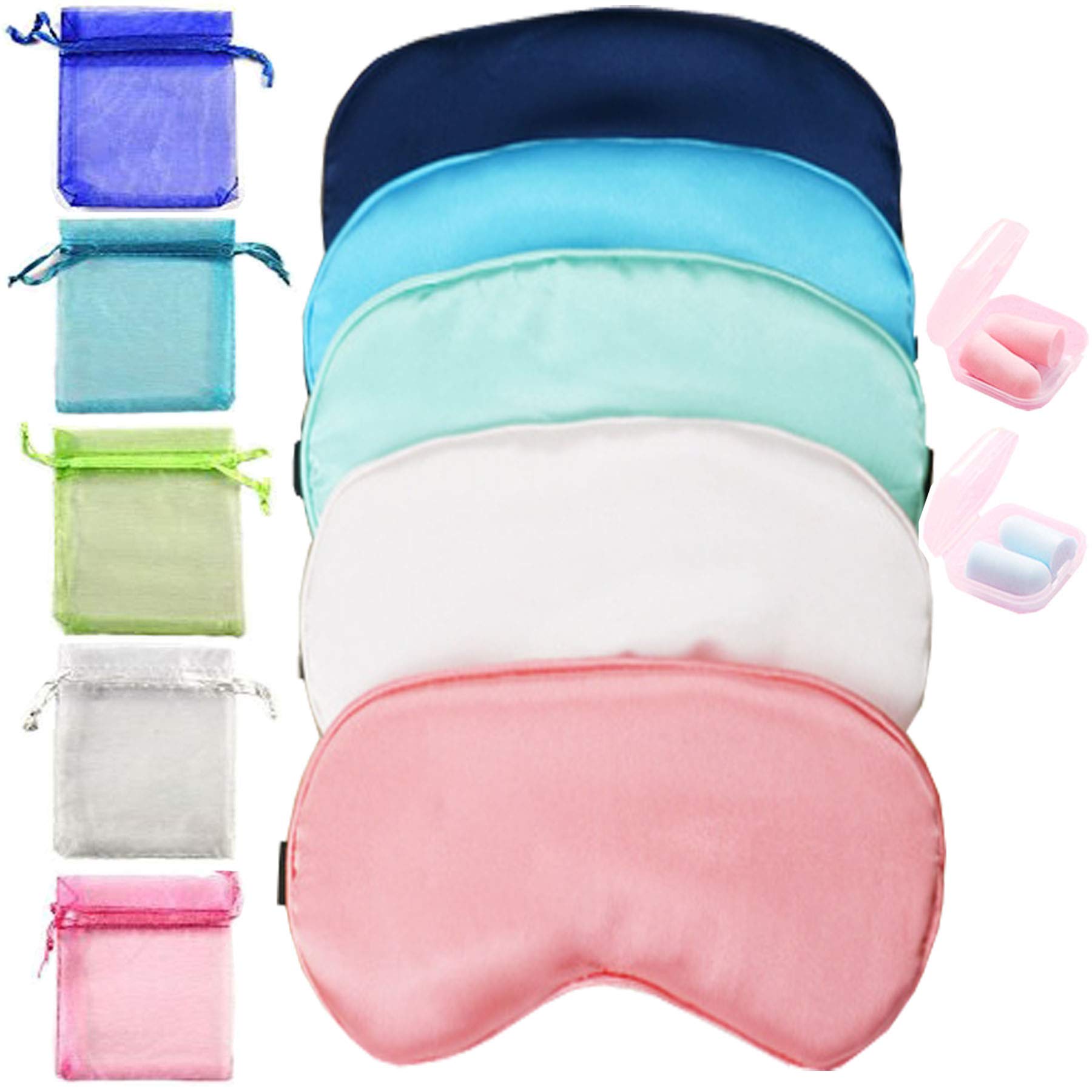 HappyDaily Pack of 5 Elegant and Comfortable Silk Sleep Masks with Boxed Soft Foam Ear Plugs and Beautiful Travel Pouches (Watermelon Red/White/Green/Sky Blue/Blue)