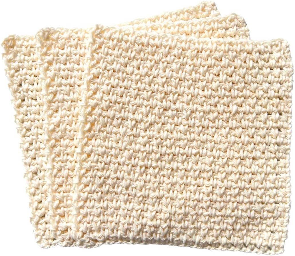 Neutral Soft Ecru Hand Crochet Dishcloth Washcloth Set of 3 - Approx 7in square - 100% Cotton