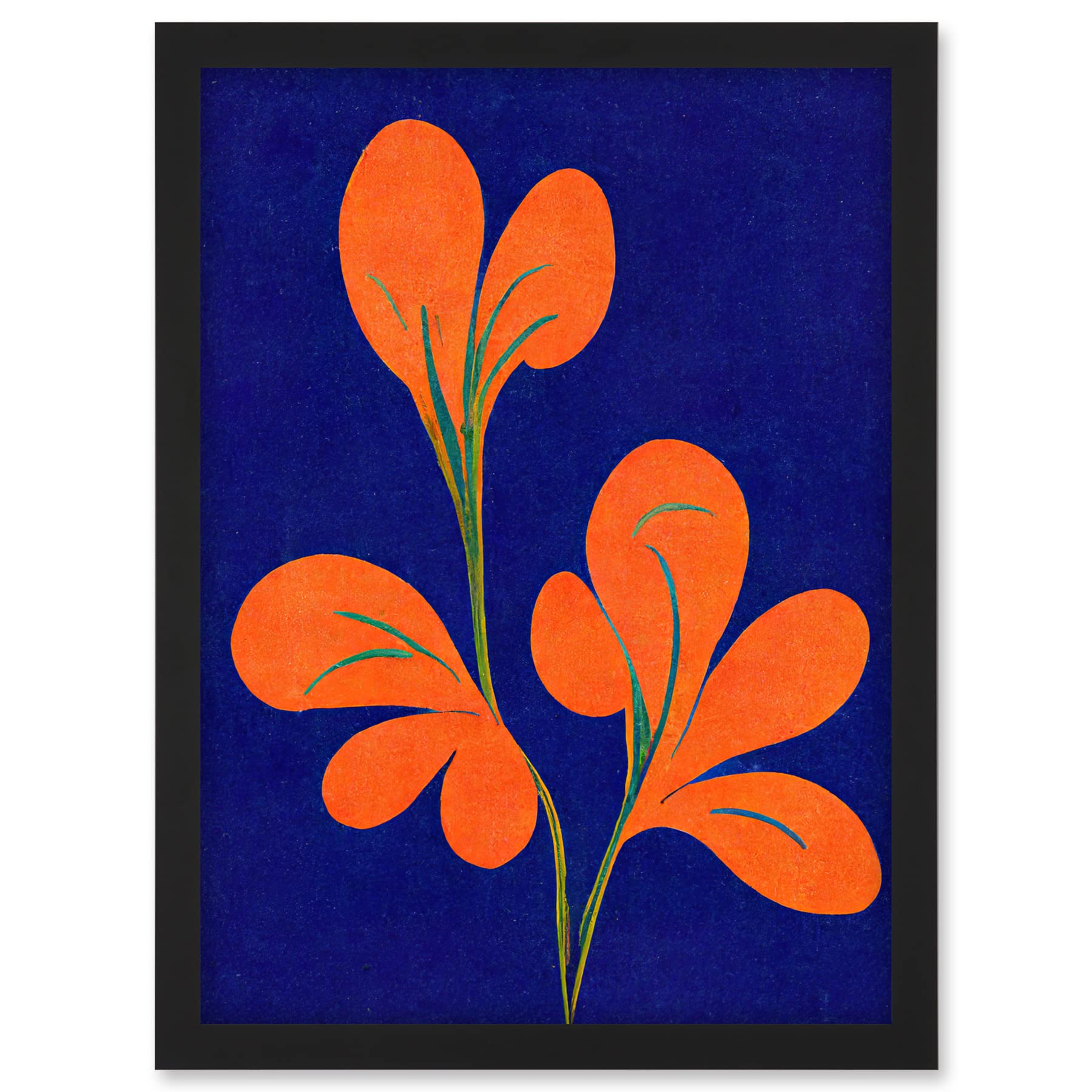 Doppelganger33 LTD Henri Matisse Inspired Bright Abstract Orange Flower Blooms On Royal Blue Artwork Framed A3 Wall Art Print