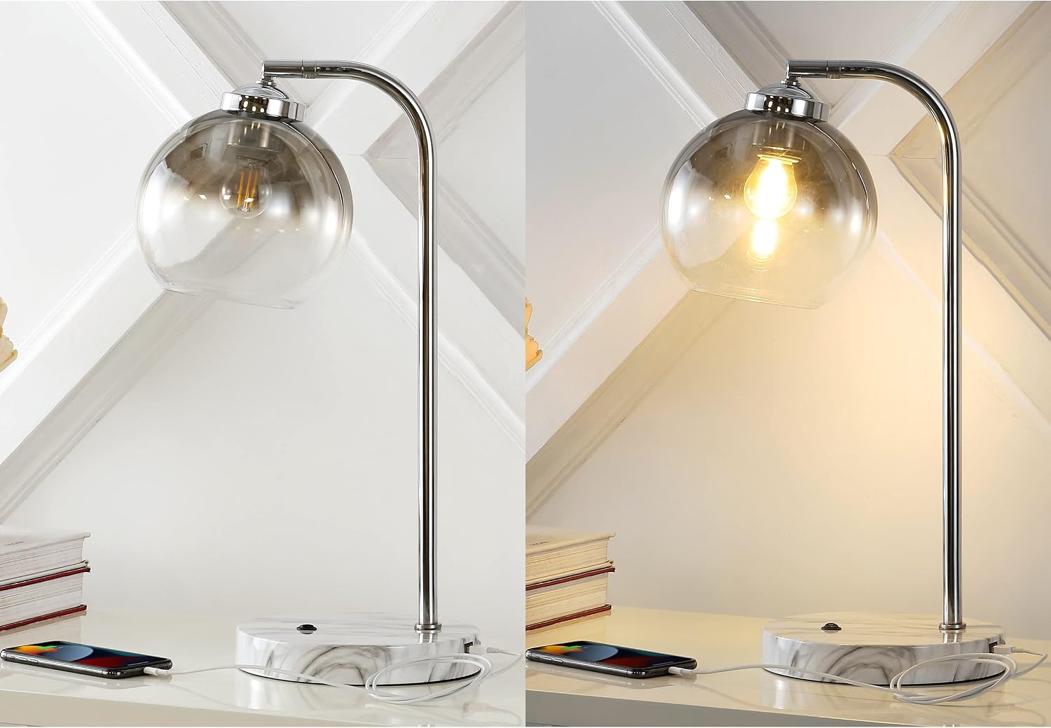 JONATHAN Y 20" Chrome Industrial LED Task Lamp with USB Charging Port, Adjustable Smoke Gray Glass Globe Table Lamp with White Marble Base, LED Bulb Included JYL1131A