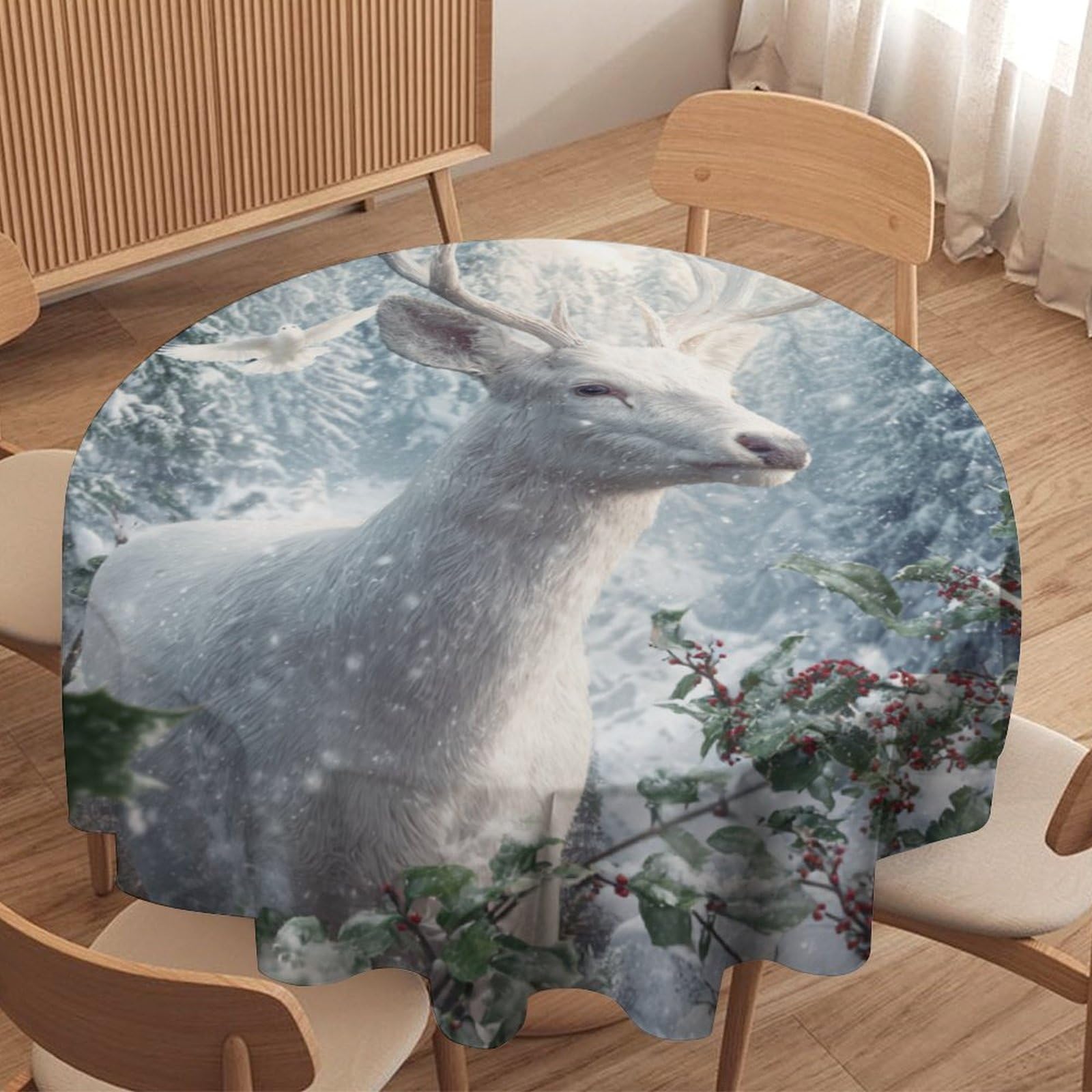 LUYYSKY Rustic Vintage Animal Elk Waterproof Round Tablecloth Classic Art Christmas Winter Snow Landscape Wildlife Deer Bird Washable Table Cover for Kitchen-127 Wx127 L cm