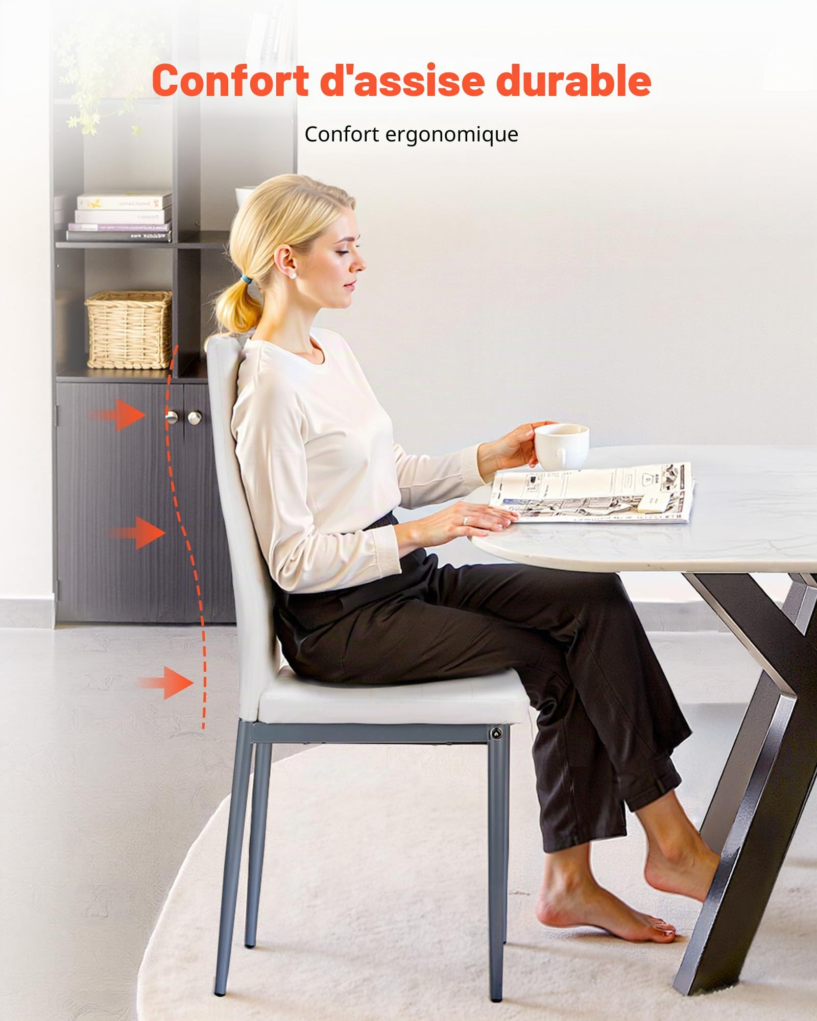 VEVOR Chaises Salle à Manger Modernes, Ensemble Chaises de Cuisine en Cuir 4 Pièces, avec Dossier, Coussins Épais et Pieds en Métal, Meuble d’Appoint Peu Encombrant, pour Table à Manger, Blanc