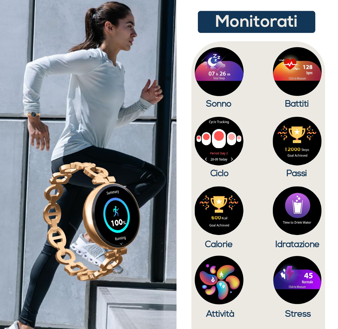 TECHMADE Smartwatch Niah Lyra per donne, orologio digitale gioiello, schermo AMOLED, chiamate, notifiche, funzione SOS, sport, cardiofequenzimetro, Spo2, BP, comp con IOS e android (GOLD)