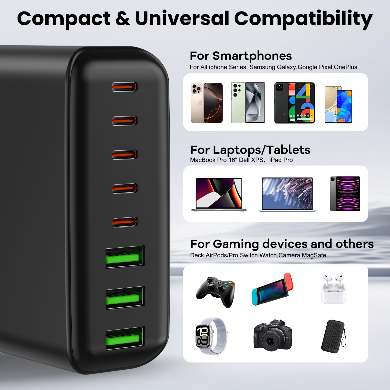 USB C Ladegerät Mehrfach: 500W 8-Port Schnellladegerät mit USB-C und USB-A, USB c Netzteil für iPhone/Pro/Max, MacBook, ipad