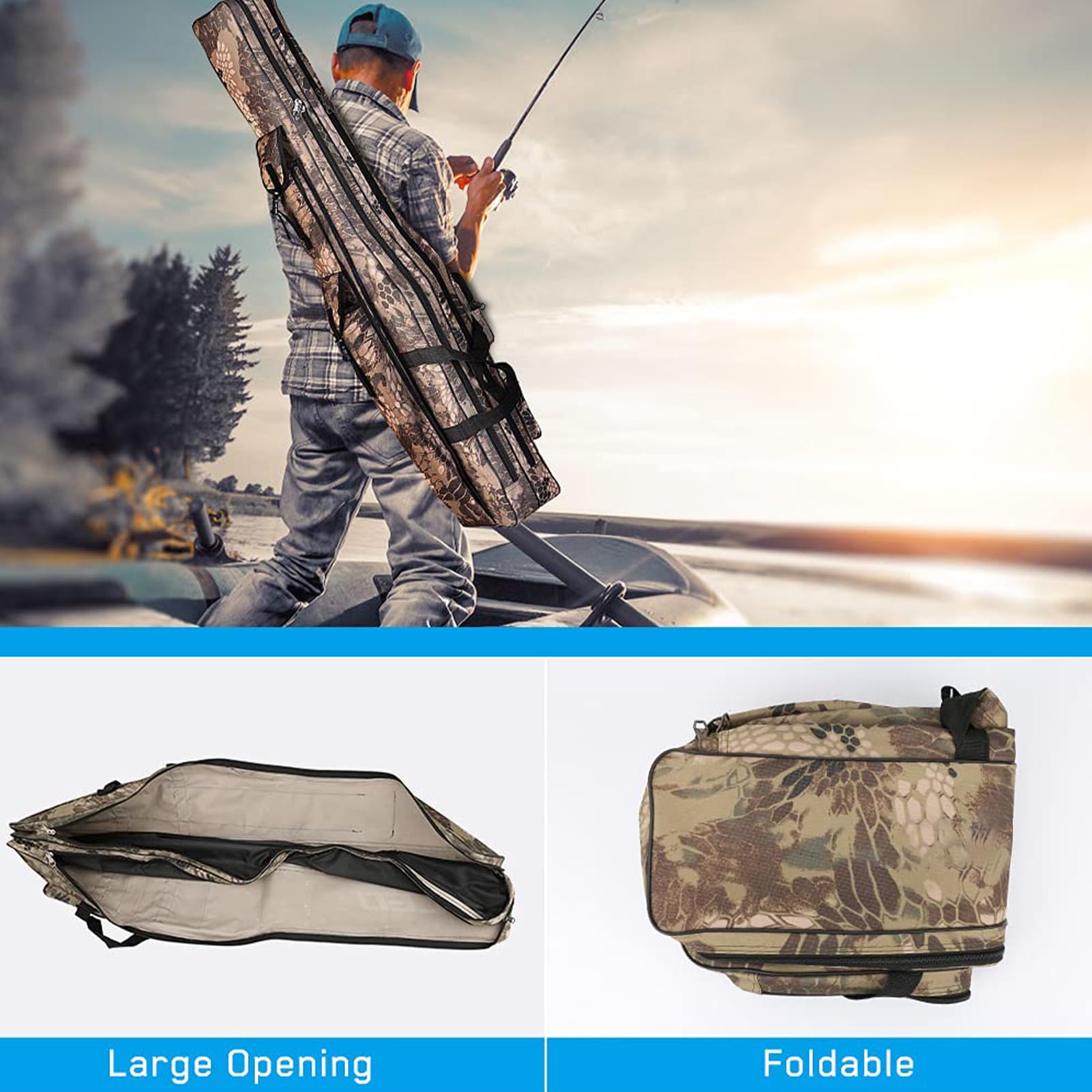 Borsa Portacanne Da Pesca Supporto per Canna a 2 con 4 Tasche | Contenitore Rinforzato per Canna da Pesca per Spiaggia Campeggio Escursionismo Lago Acqua Salata Kayak