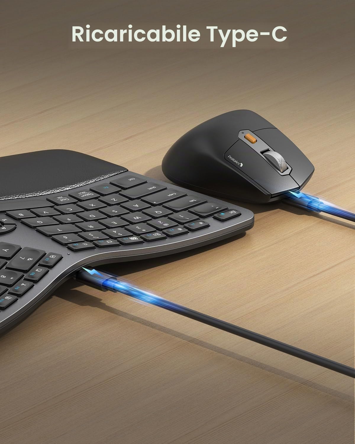 ProtoArc EKM01 Plus Tastiera Ergonomica Mouse Wireless Bluetooth Ergo Keyboard Mouse Combo, Imbottito Palm Rest, Split Design, Ricaricabile, Compatibile per Windows, Mac OS, Grigio e Nero
