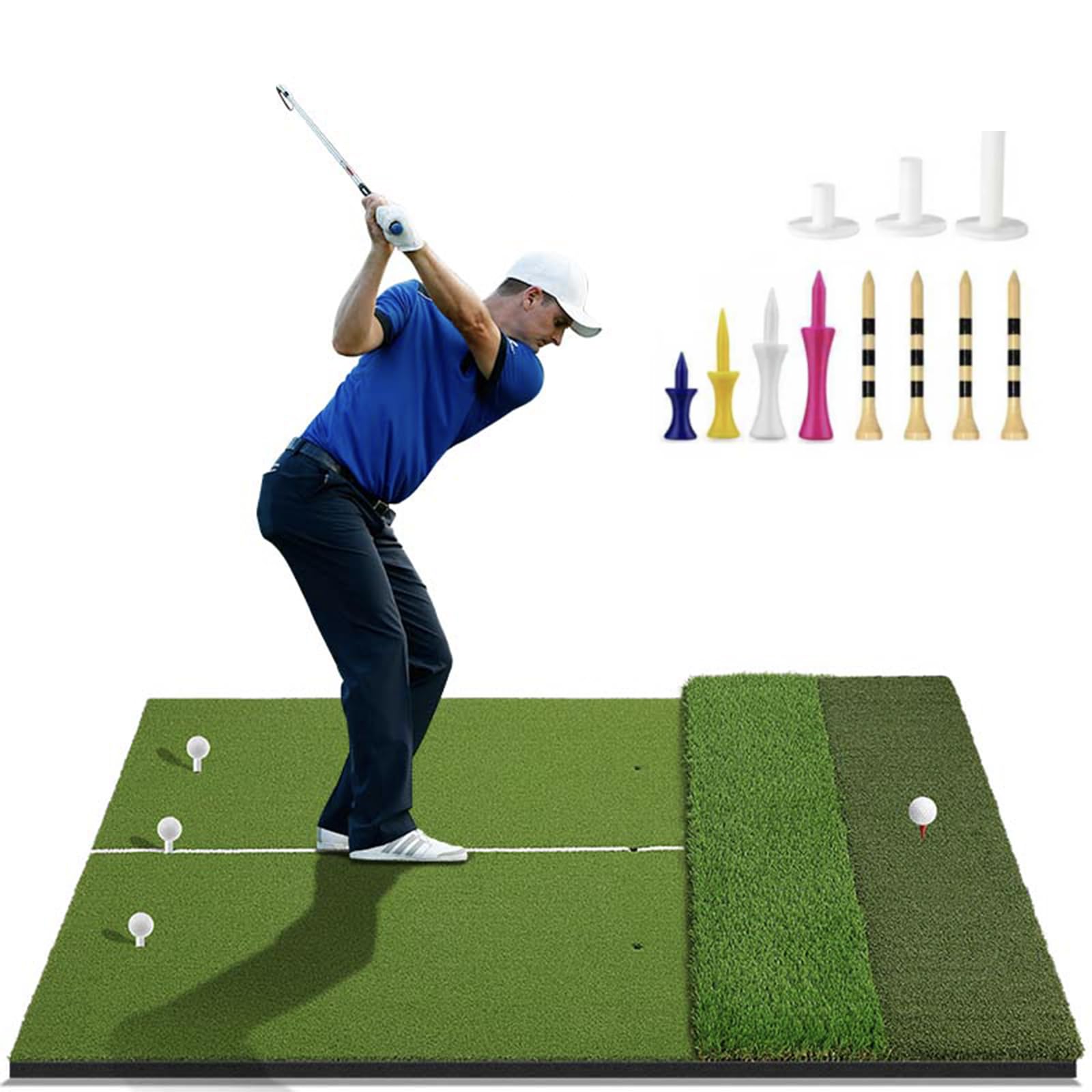 3-in-1 Golf Hitting Mat 117x150cm, Professional Practice Training Mat with Total Thickness up to 50mm, 10mm Shock-Absorbing EVA Base, Multi-Texture Driving/Chipping/Putting Mat with Tees Pack