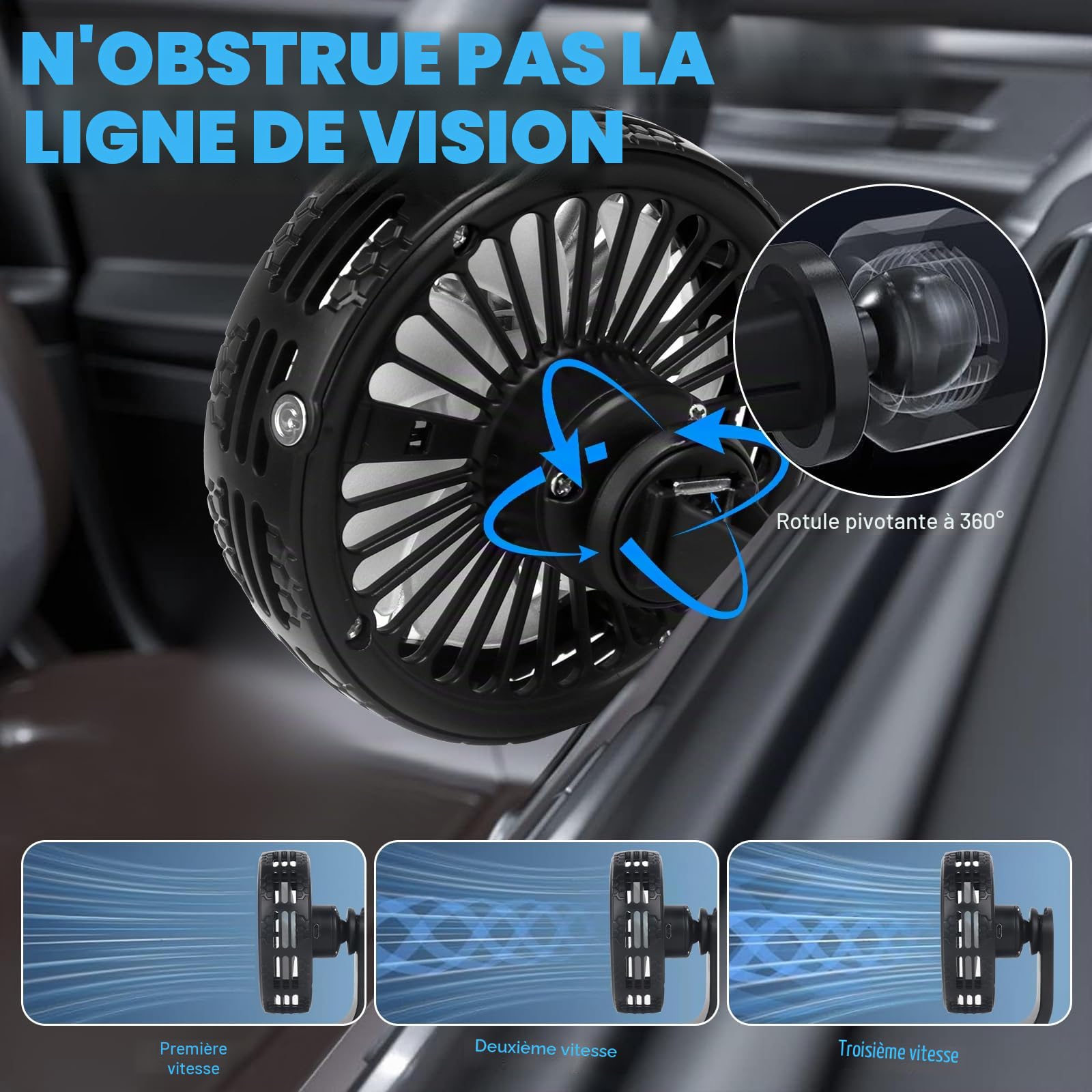 Ventilateur De Voiture,Ventilateur De Voiture USB, 2PCS Ventilateur De Refroidissement Portable Pour Voiture, Rotation à 360°, Ventilateur Voiture Avec 2 Vitesses, Ventilator Auto Pour Suv, Rv