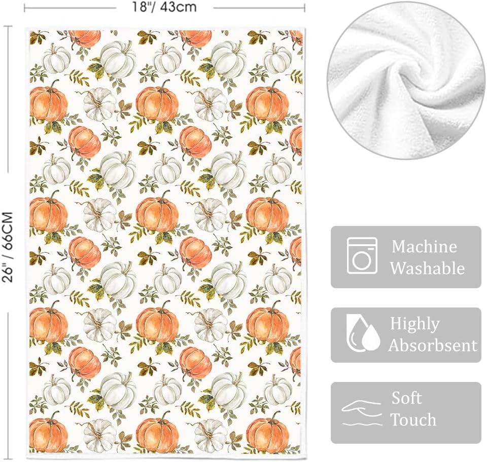 Fall Pumpkin Kitchen Towel 18x26 Inch,Orange White Maple Leaves Dish Towels Hand Towels for Harvest Autumn Thanksgiving Home Kitchen Decoration (Set of 2) - Image 4