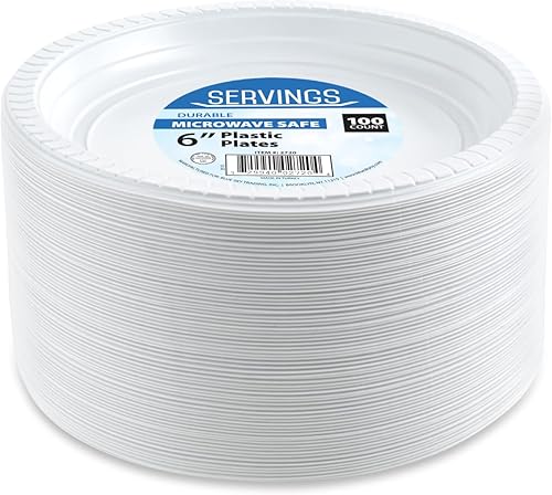 Miniatura 6 de Blue Sky Platos de plástico blanco de 6 pulgadas, 100 platos de plástico desechables, aptos para microondas, perfectos para fiestas de cumpleaños,