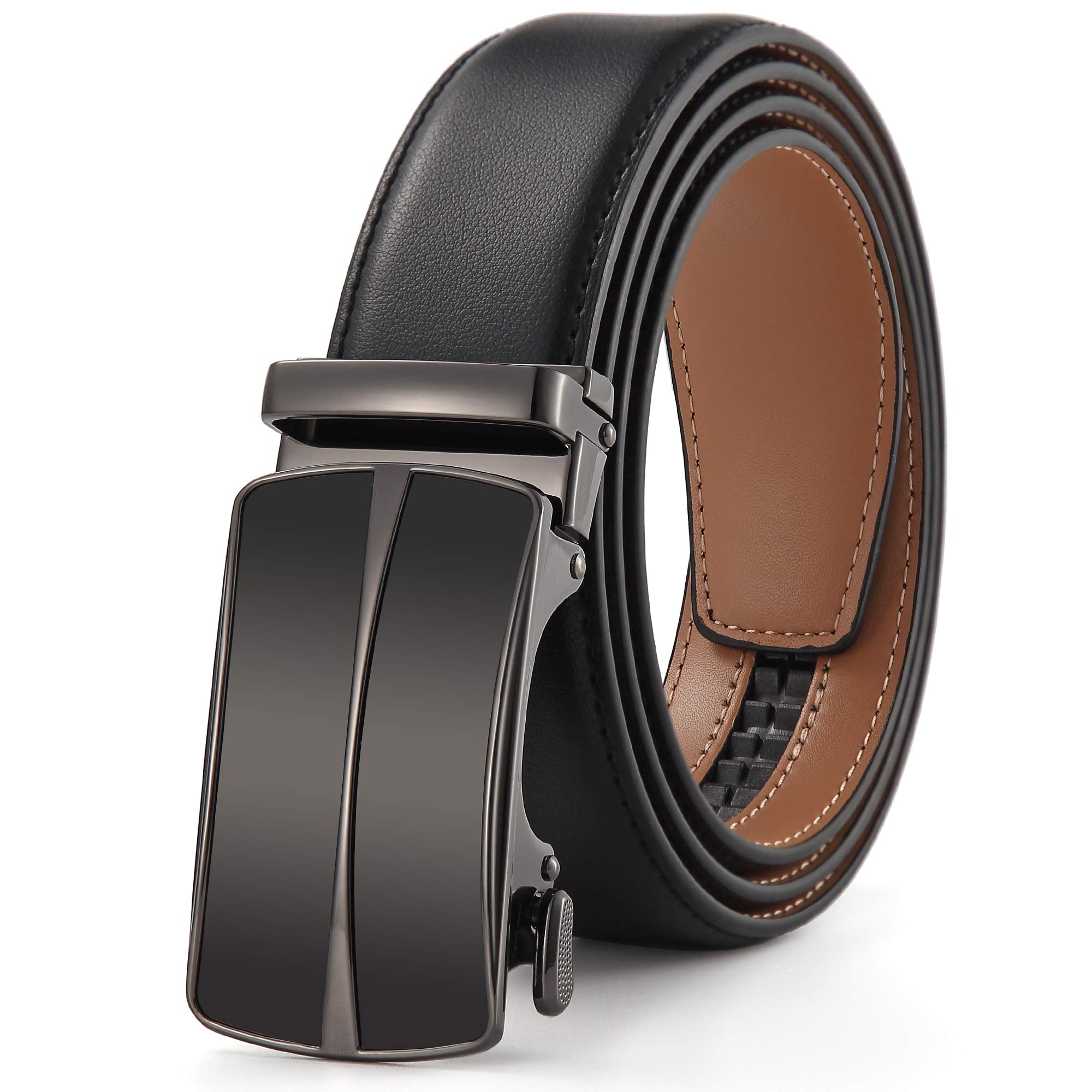 ClubbeltsMen's Leather Ratchet Belt with Automatic Buckle, Black/White/Brown, 1 3/8 Wide, Adjustable Dress Belt for Men