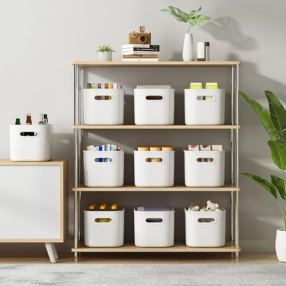 ORGIDOL 8 Pack White Storage Bins with Lids Stackable Storage Container for Organizing, Storage Boxes with Handle for Shelves, Cube Storage Bin for Toys, Craft, Snacks, Bathroom, 9.85x6.9x5.7 inch