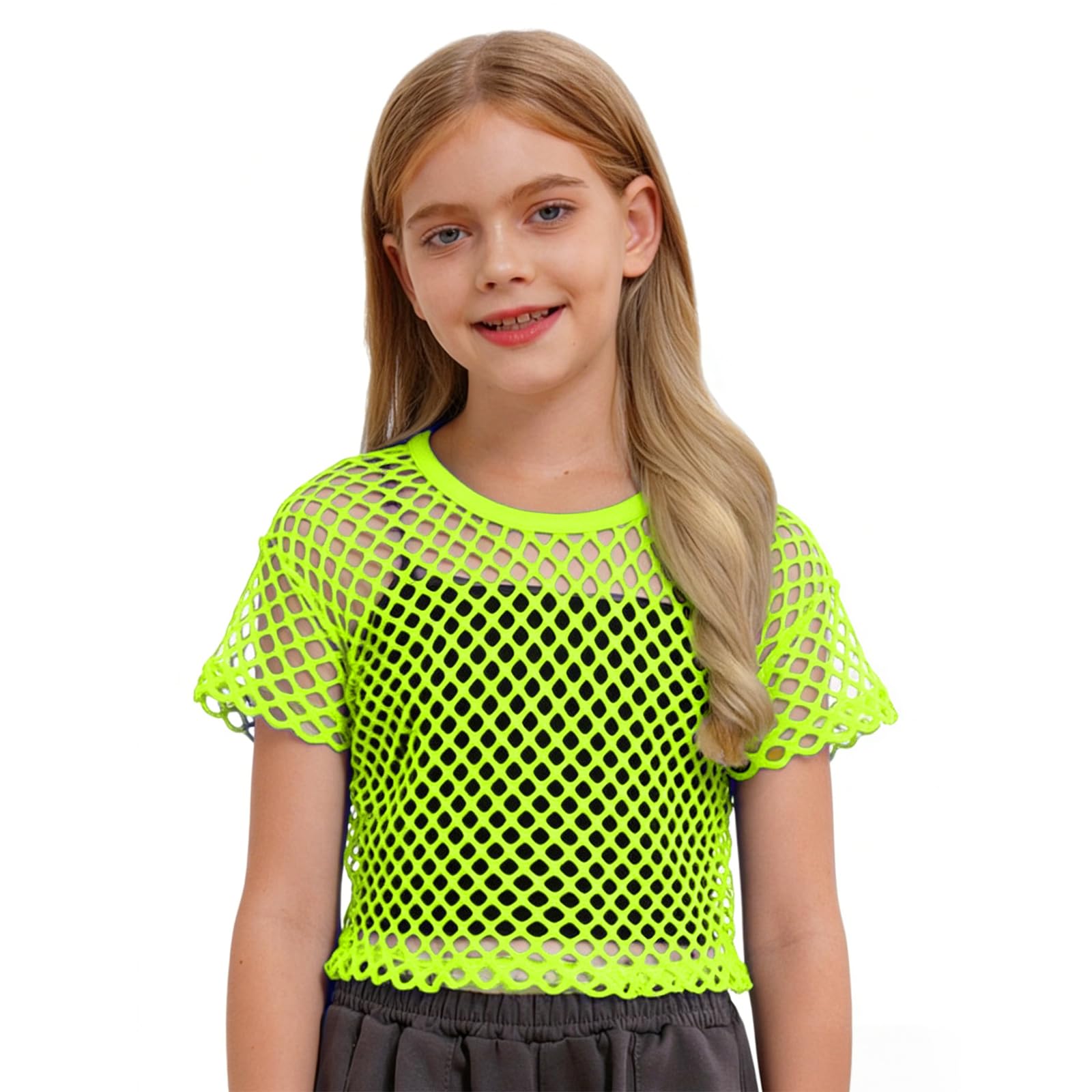 Photo 1 of QISSYILY Girls' Fishnet Crochet Crop Tops Neon Sheer Mesh Shirt Hip Hop Dance Short Sleeve Shirts Hollow Out T-Shirts Blouse(Neon Green,6Y)