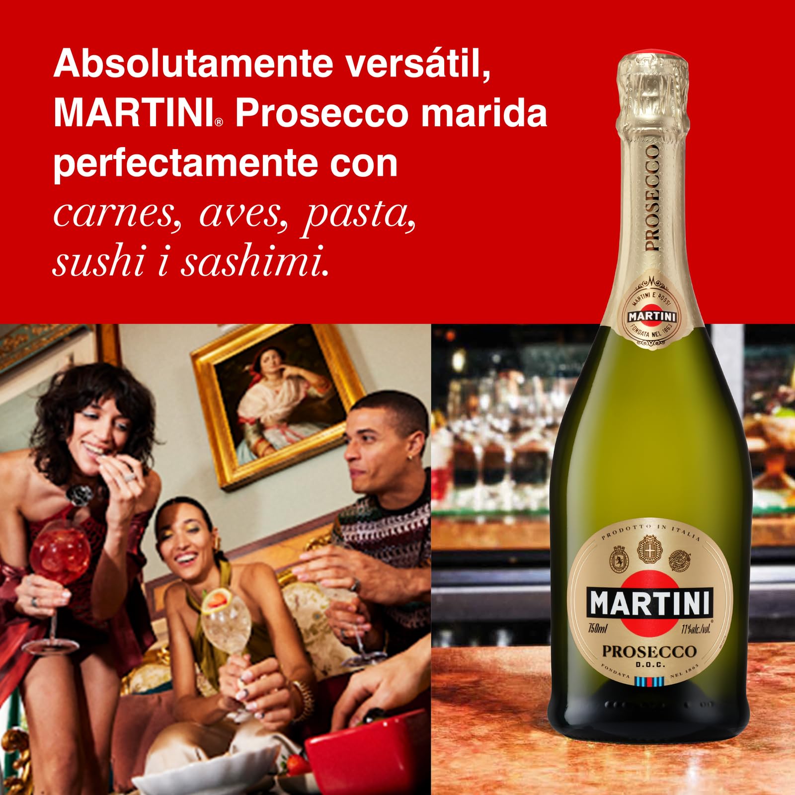 MARTINI Prosecco Vino Espumoso, 11% ABV, 6 x 75cl / 750ml, Vino Italiano Seco y Rico