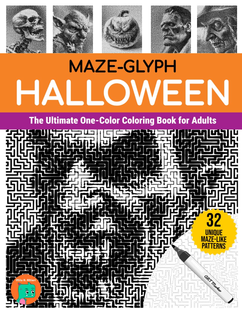 Maze-glyph Halloween: The Ultimate One-Color Coloring Book for Adults