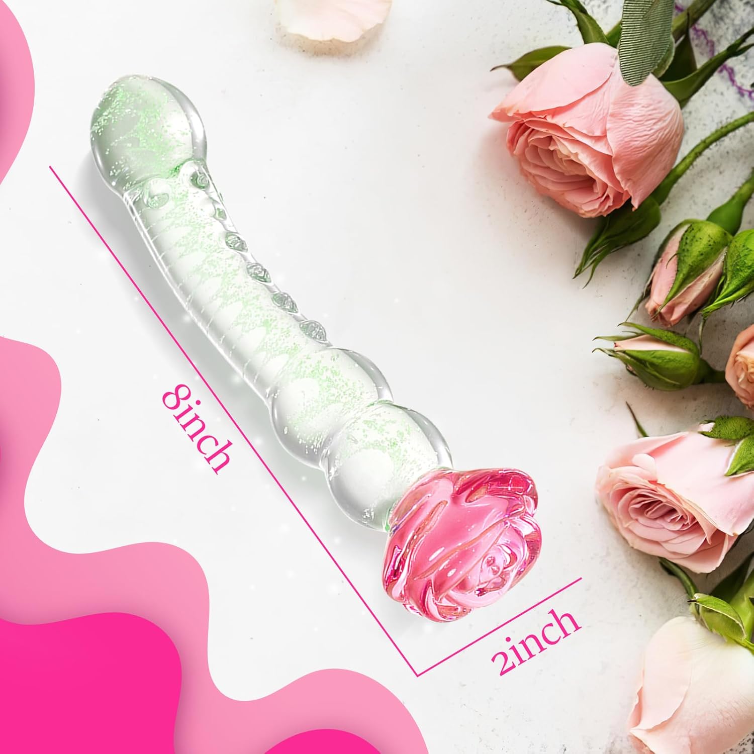 Glass Dildo Rose Adult Tool for Women – Anal Dildo Glow in the Dark Borosilicate Glass Toy for Temperature Play with Anal Beads & Textured Design, 8 Inch Butt Plug for Women (Clear Glow)