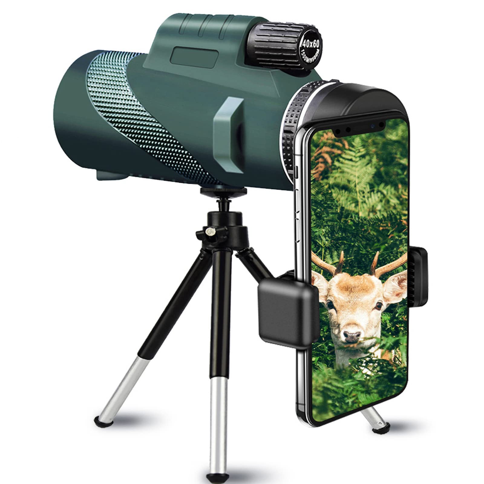 Monocular Telescope for Smartphone, 40X60 High Power BAK4 Prism with Smartphone Holder &Tripod, Waterproof Shockproof Monoculars for Adults Bird Watching Travling, Concert, Green