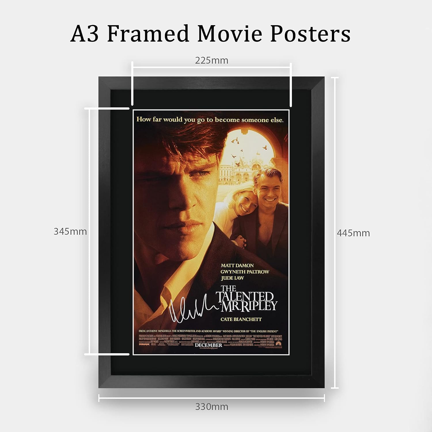HWC Trading The Talented Mr. Ripley Movie Poster Matt Damon Signed 16 x 12 inch Framed Gift Printed Autograph Film Print Photo Picture Display - 16" x 12" Framed