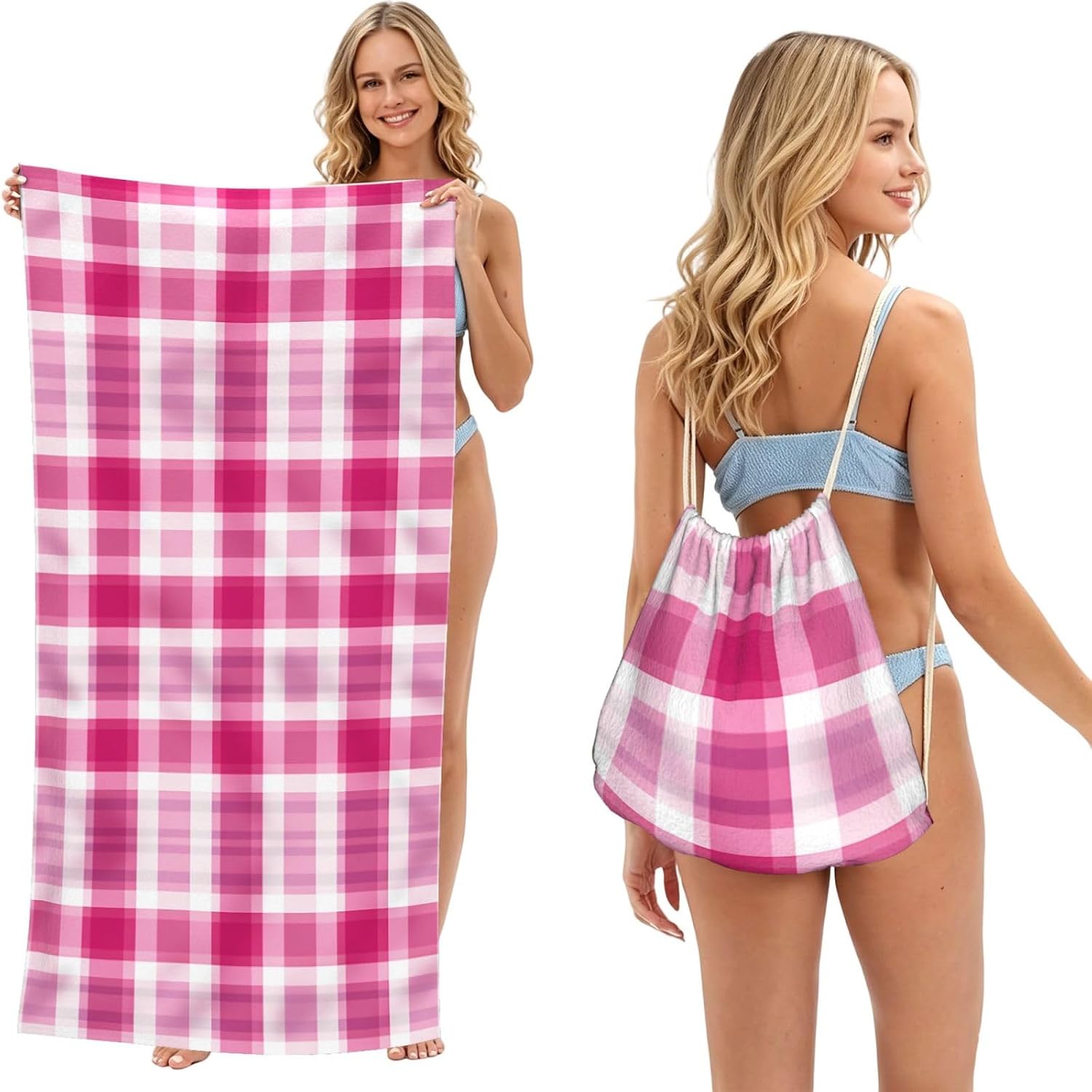 2 in 1 Packable Towel Bag,Soft Absorbent Pool Towels Backpack Quick Dry Lightweight Beach Towels Pink Plaid Drawstring Bag for Travel Camping Sports Picnic
