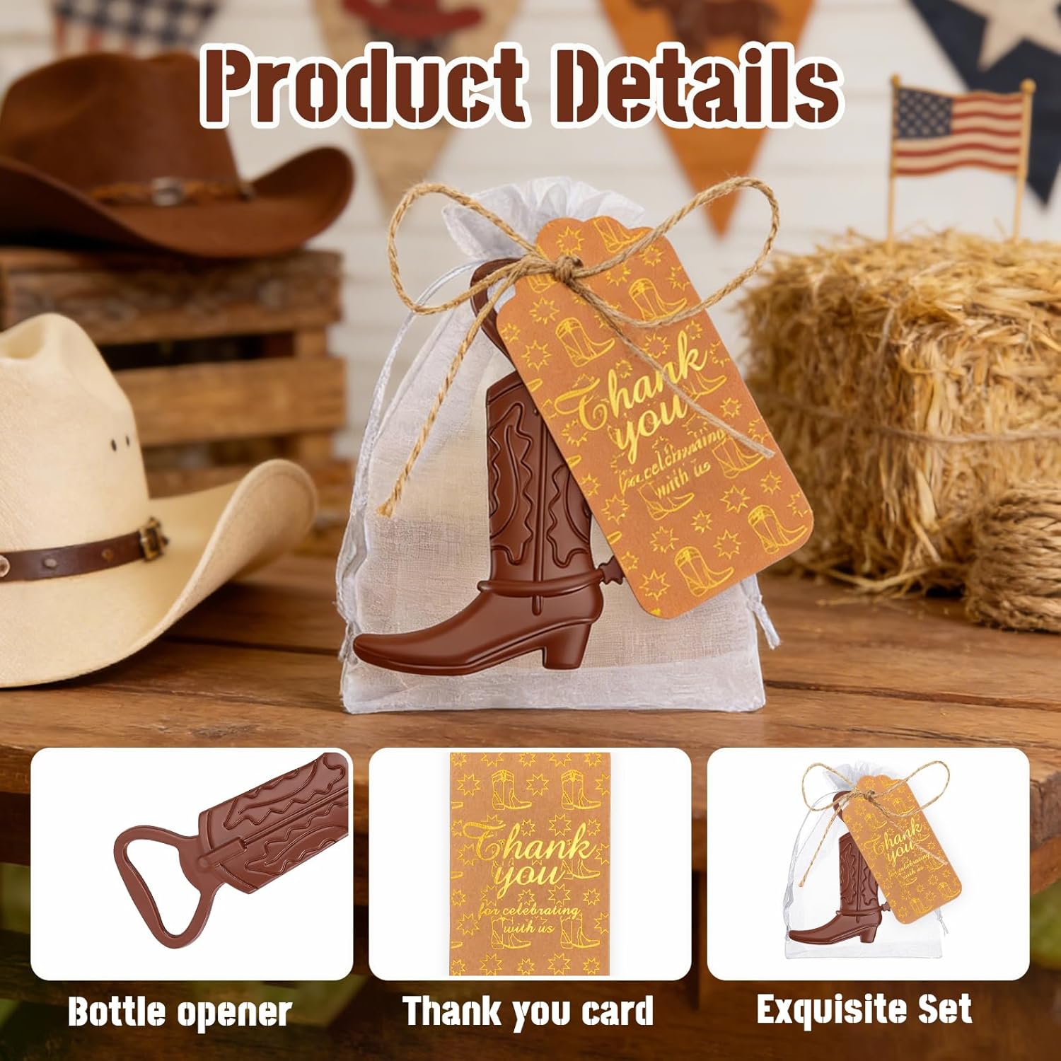 50PCS Cowboy Boots Bottle Openers For Favors Baby Shower Bottle Opener Favors With Retro Bags Thank You Tags For Guest Bridal Baby Shower Party Wedding Bottle Opener Gifts Supplies