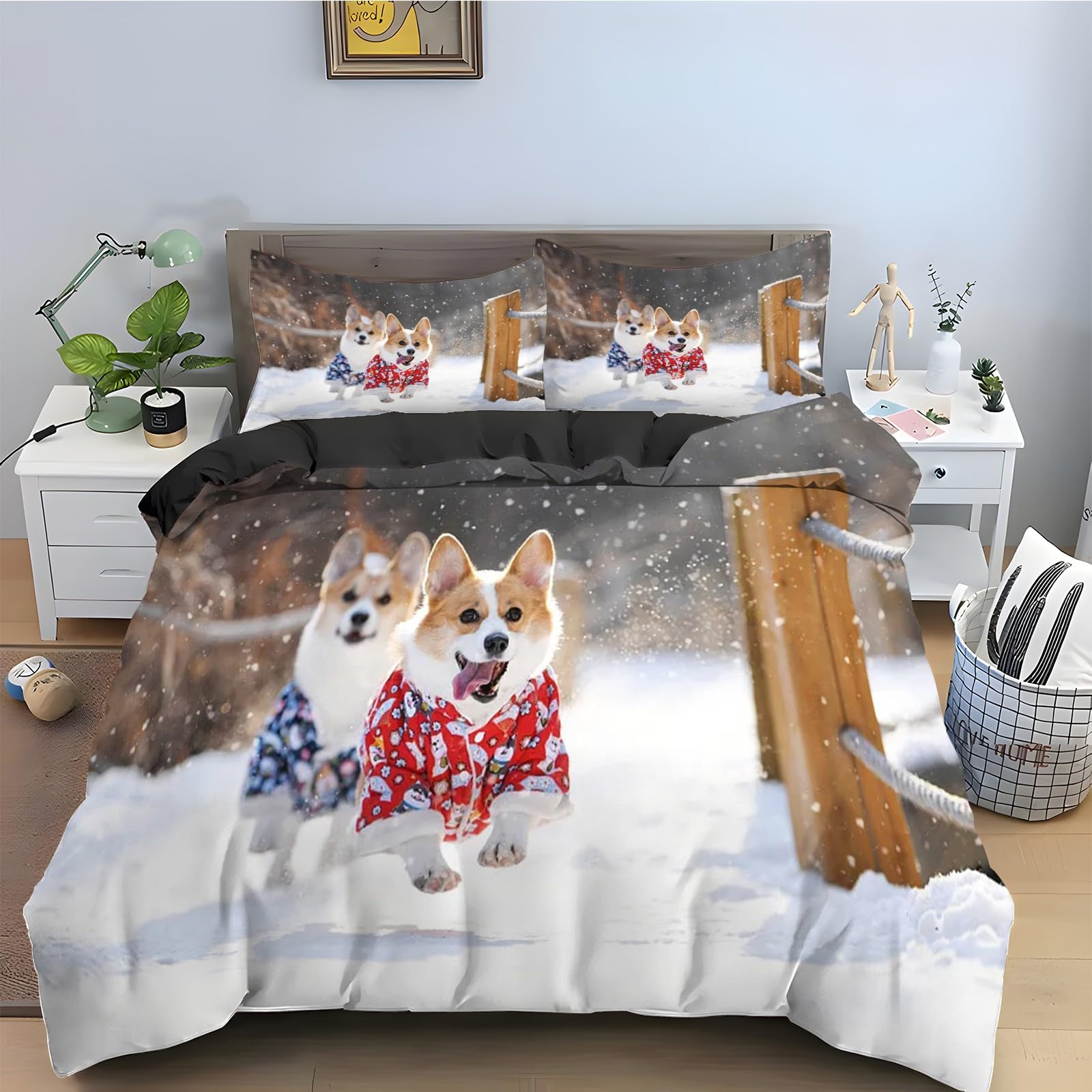 Housse de couette Corgi 90x190 en microfibre douce pour lit enfant facile à laver