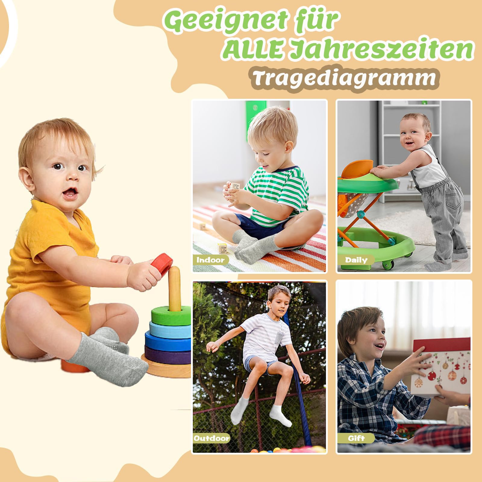 HYCLES Calzini per bambini – 12 paia di calzini in ABS per bambini e ragazzi, calzini antiscivolo per 0-10 anni
