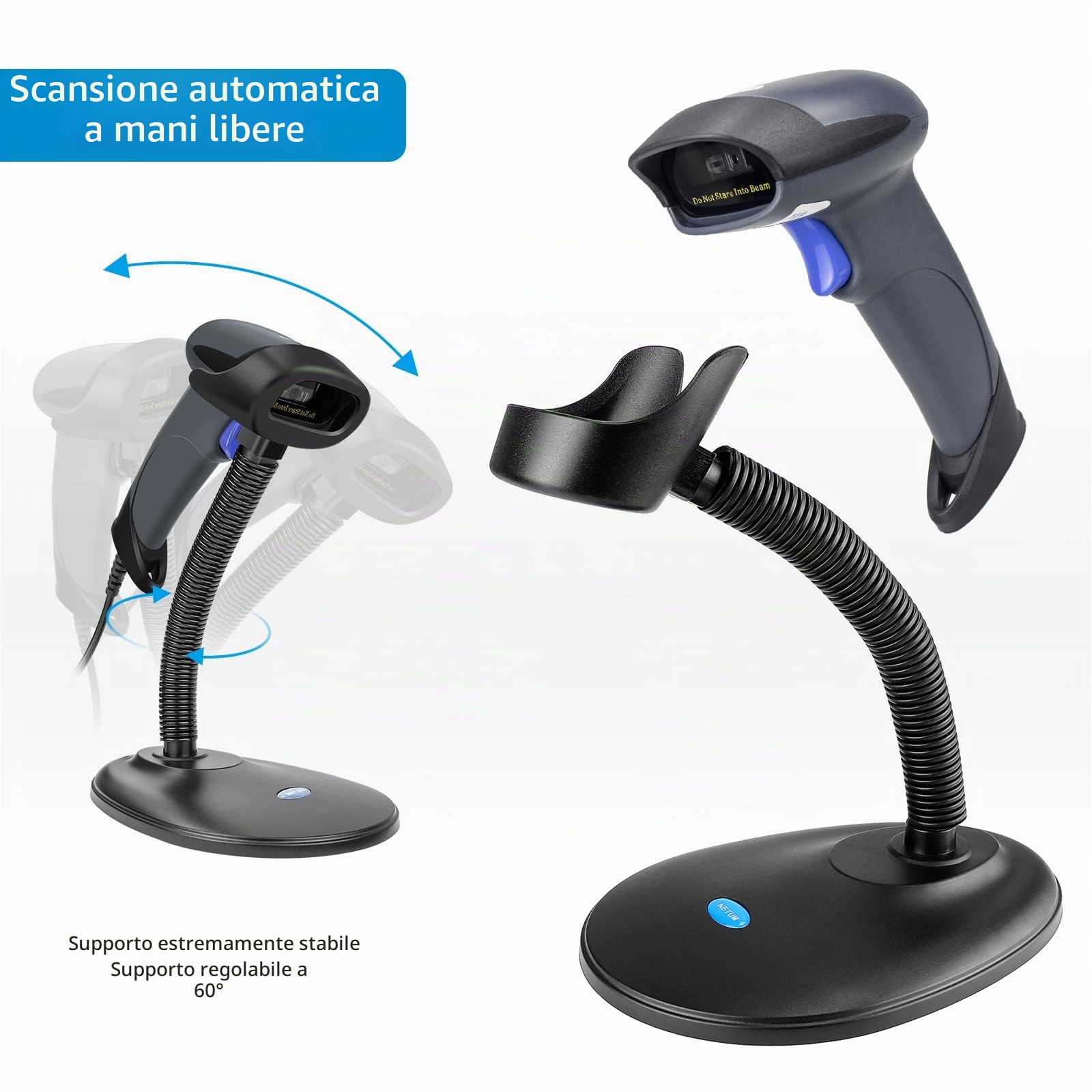 NETUM Lettore di codici a barre QR 2D con supporto, 3 in 1 Bluetooth e wireless a 2,4 GHz e USB cablato Lettore di codici a barre automatico scanner compatibile per laptop, computer, cassiere, POS