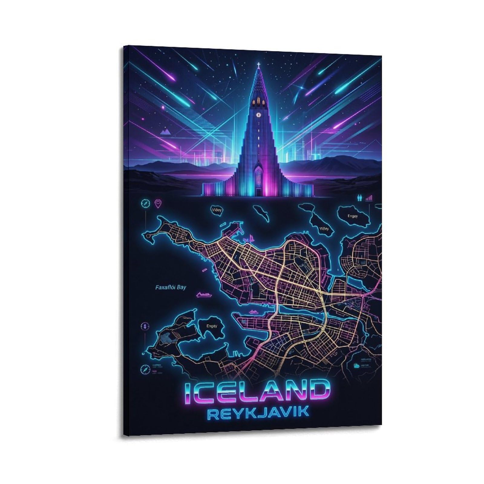 XKUGA Iceland Hallgrimskirkja Neon City Synthwave Map Poster Modern Decorative Canvas Prints - Ideal Wall Art for Family, Man Cave, Game Room, Boys & Girls Bedroom 12x18inch(30x45cm)