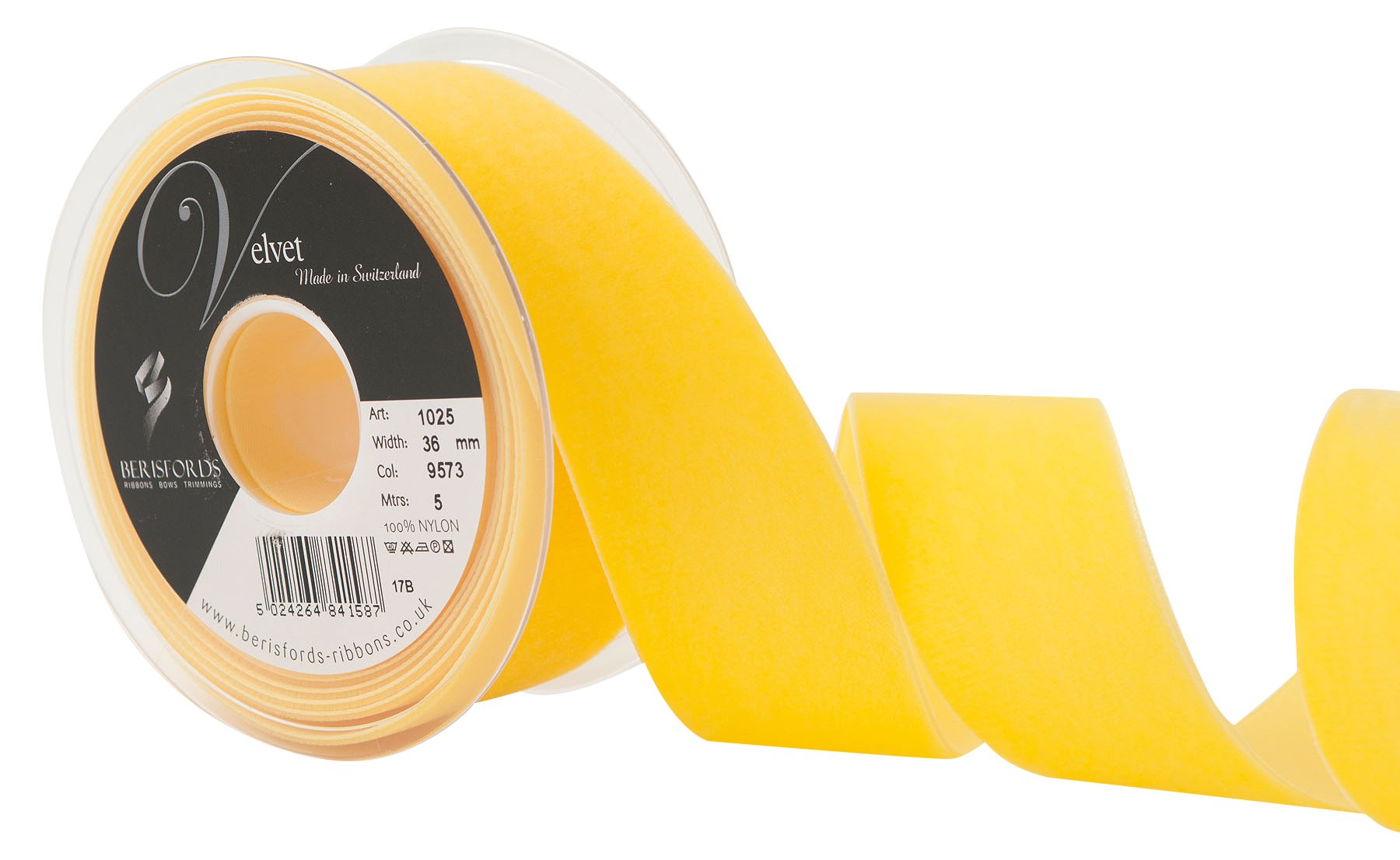 Berisfords Velvet Ribbon Yellow 45mm x 10m - Nylon Craft Ribbon for Sewing, Gift Wrapping and Hair Accessories — image 1