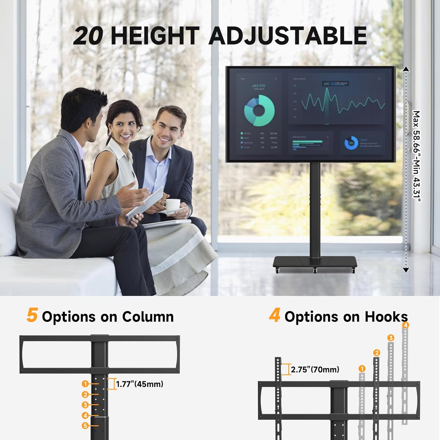 Tall Floor TV Stand for 32-75" TV Portable Rolling TV Cart with Wheels Height Adjustable with Wood Base, Holds up to 88 lbs, Max VESA 600x400mm TS005HB