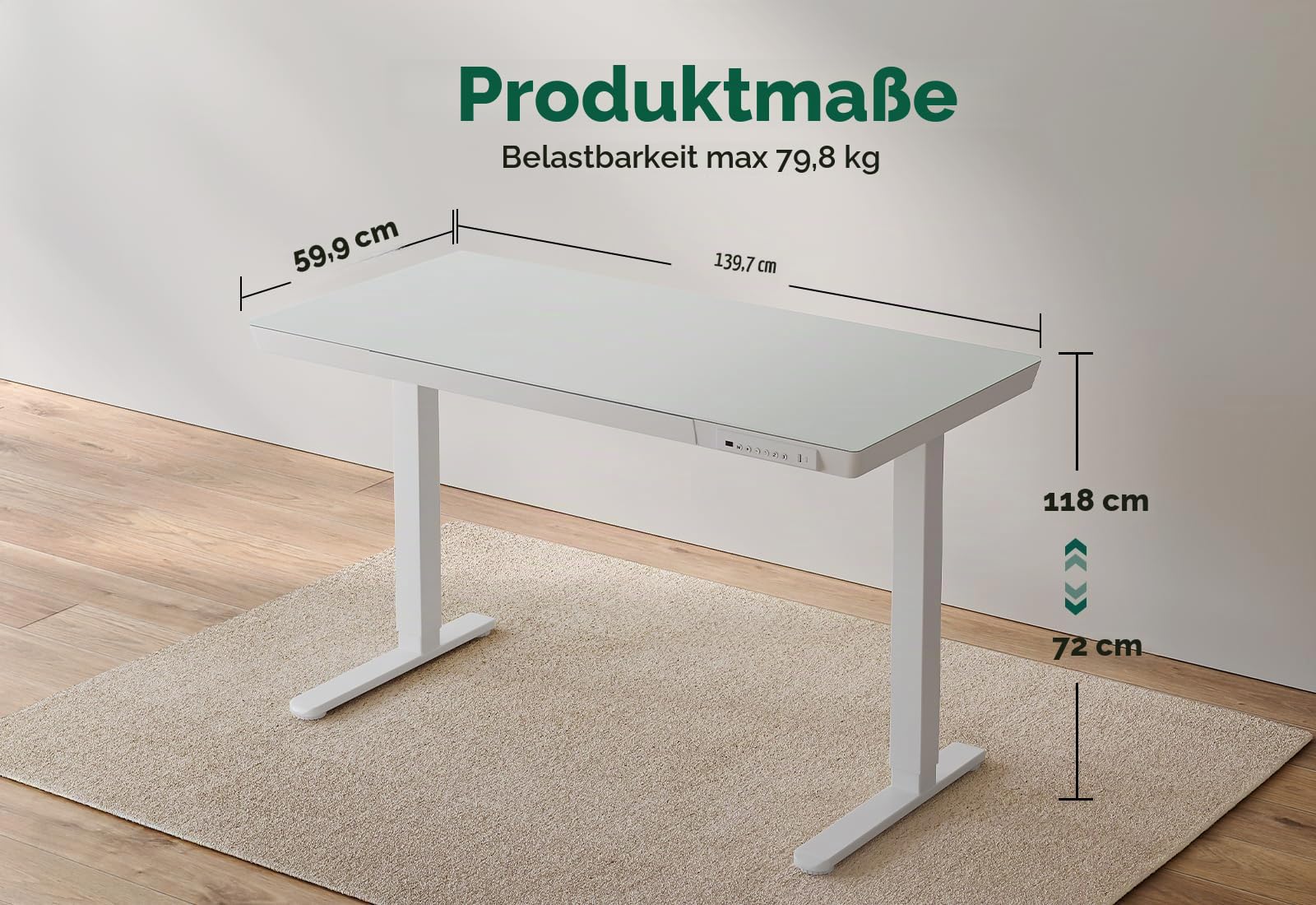 FEZIBO Elektrischer Stehschreibtisch mit Glasplatte, höhenverstellbar, 140 x 60 cm, Homeoffice-Tisch, mit USB-A- bis C-Ladeanschluss, Weißer Rahmen/Weiße Tischplatte