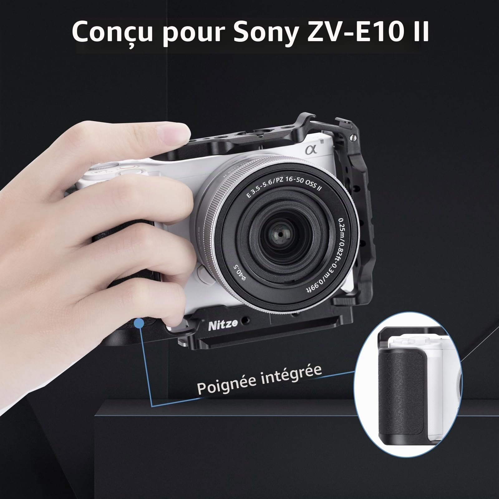 Nitze ZV-E10 II Cage pour Caméra Sony ZV-E10 II, avec 2 Rails NATO Intégrés, Cold Shoe Intégré, Poignée Ergonomique, Plaque de Fixation Rapide pour Arca-Swiss - T-S14A
