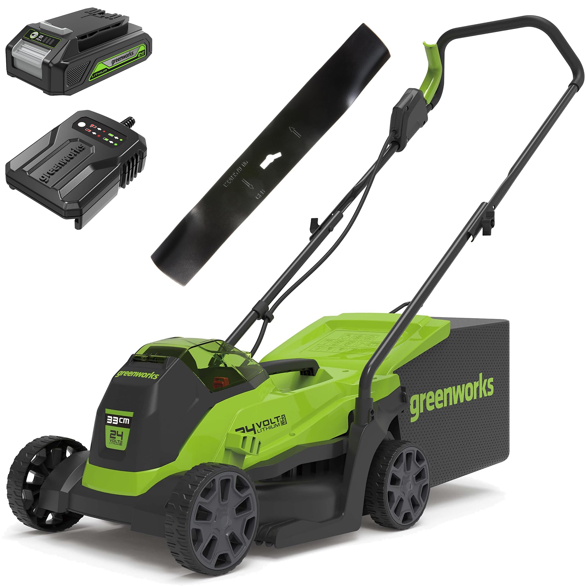 Greenworks 24V Kabelloser Akku Rasenmäher mit bürstenlosem Motor, 33 cm Schnittbreite, 24V Akku & Ladegerät-GD24LM33K2 + Greenworks 33cm Ersatzmesser für Rasenmäher