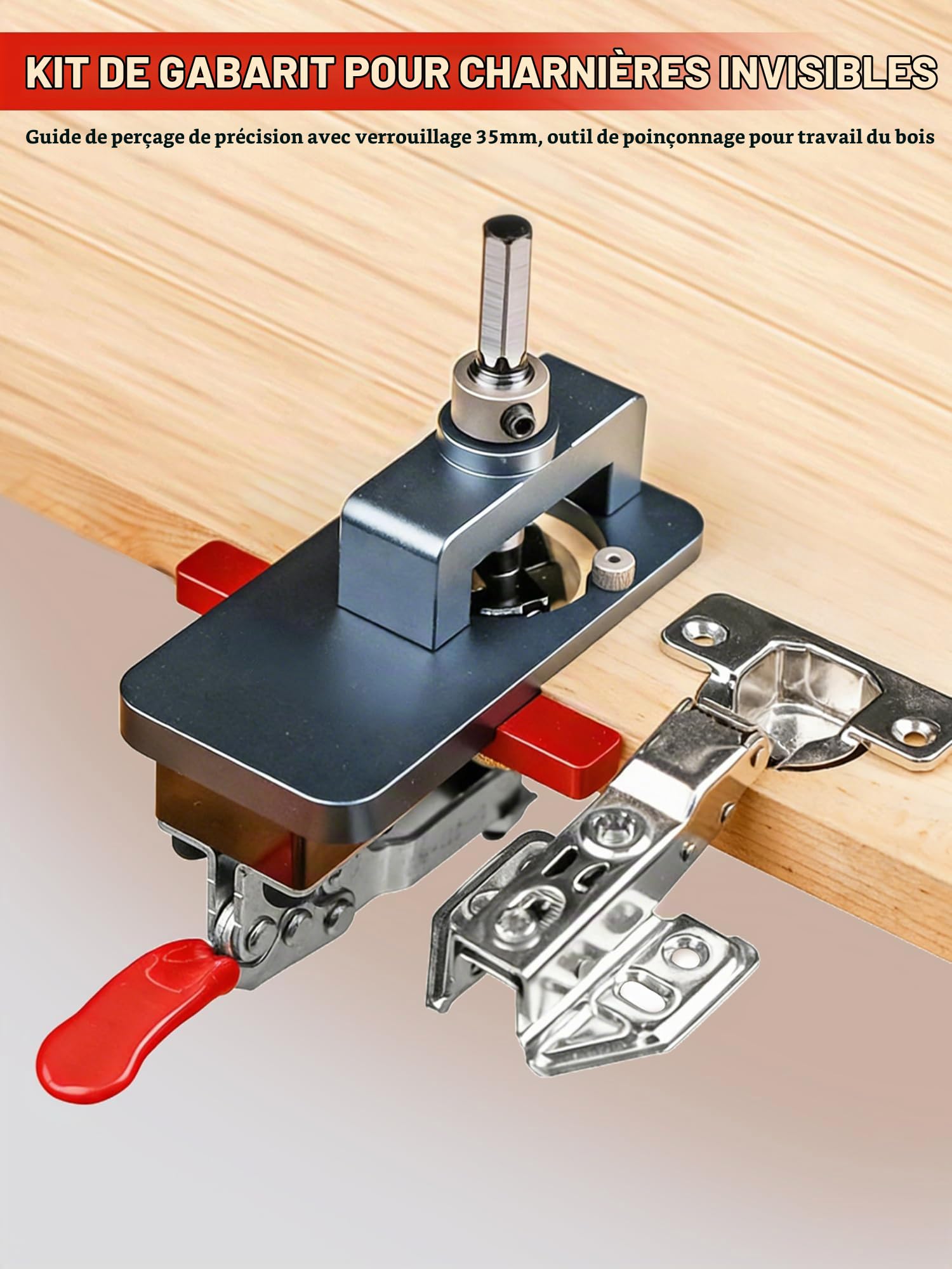 VOBOR Gabarit de Percage Charniere 35mm, Bloc de Positionnement 3-6 mm, Guide de Percage Dissimulé en Métal, Localisateur de Poinçon de Armoire, pour le Travail du Bois de Bricolage