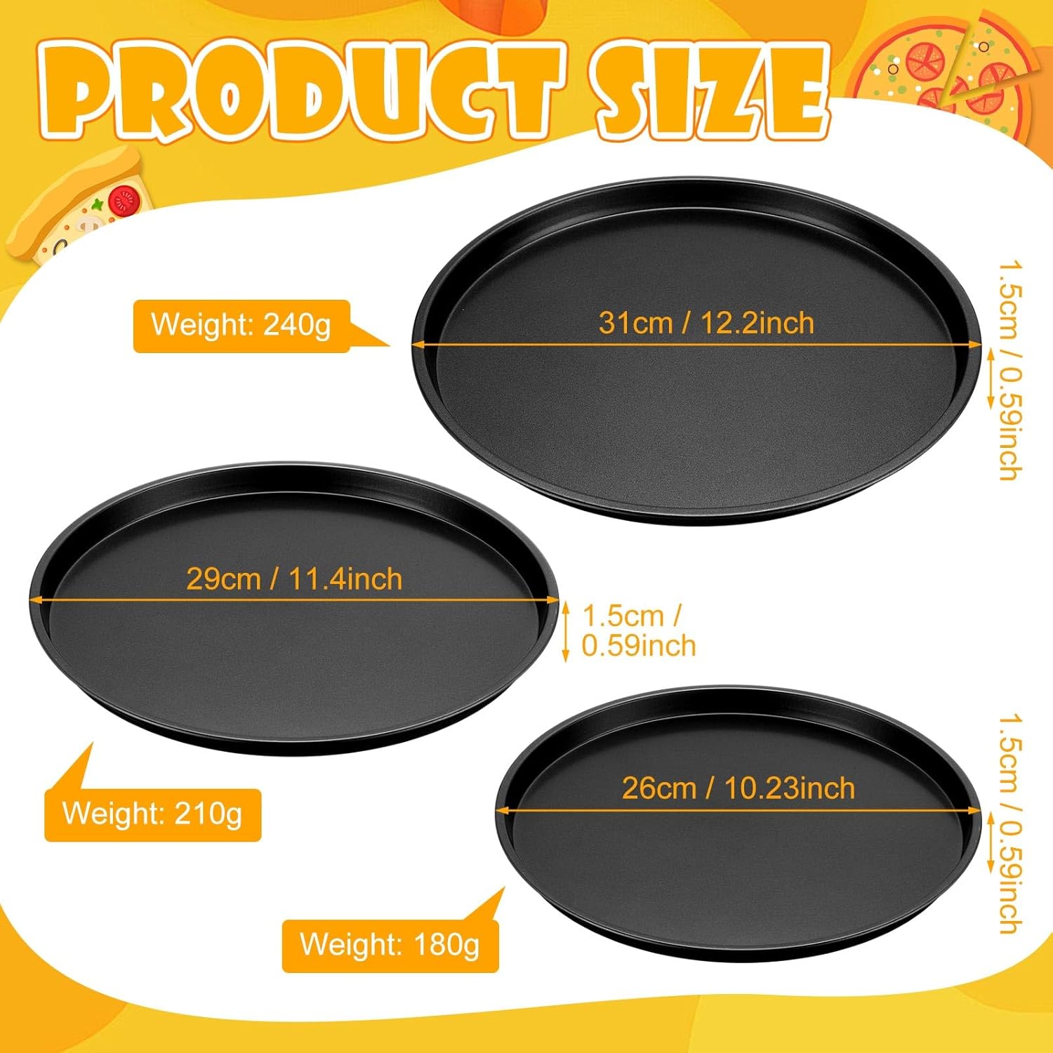 Pizza Pans 10.23/11.4/12.1 Inches Set of 3 Black Stainless Steel Non Stick Pizza Baking Pans Tray Round Serving Plate for Pie Cookie Cake Baking Grilling - Image 2