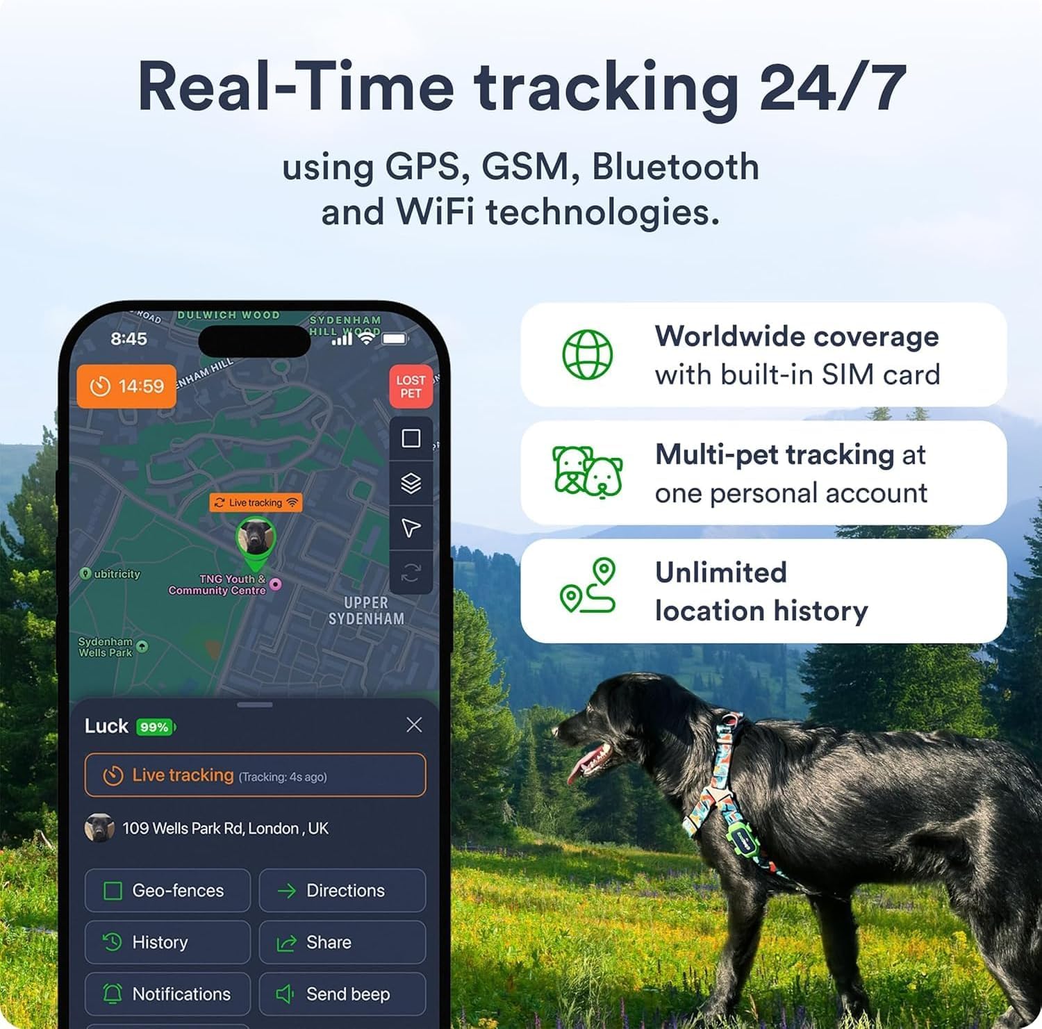 Set di 2 localizzatori GPS per cani, dispositivo di localizzazione in tempo reale con app, avvisi intelligenti e geo-recinto, compatibile con collare, impermeabile, batteria a lunga durata, iOS e