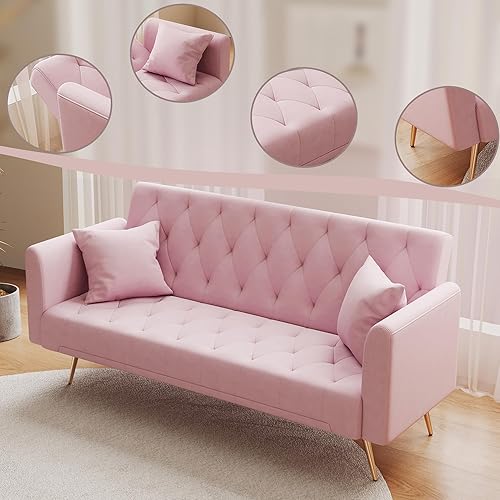 Miniatura 6 de Moderno sofá cama futón de terciopelo con 2 almohadas, sofá cama convertible 2 en 1, sofá biplaza reclinable plegable con patas de metal dorado para
