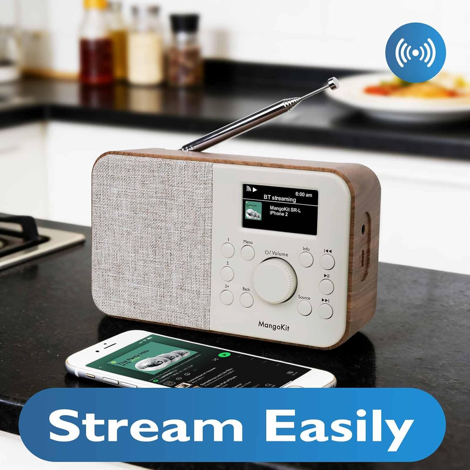 MangoKit SR-L radio on a kitchen counter with a smartphone streaming music via Bluetooth