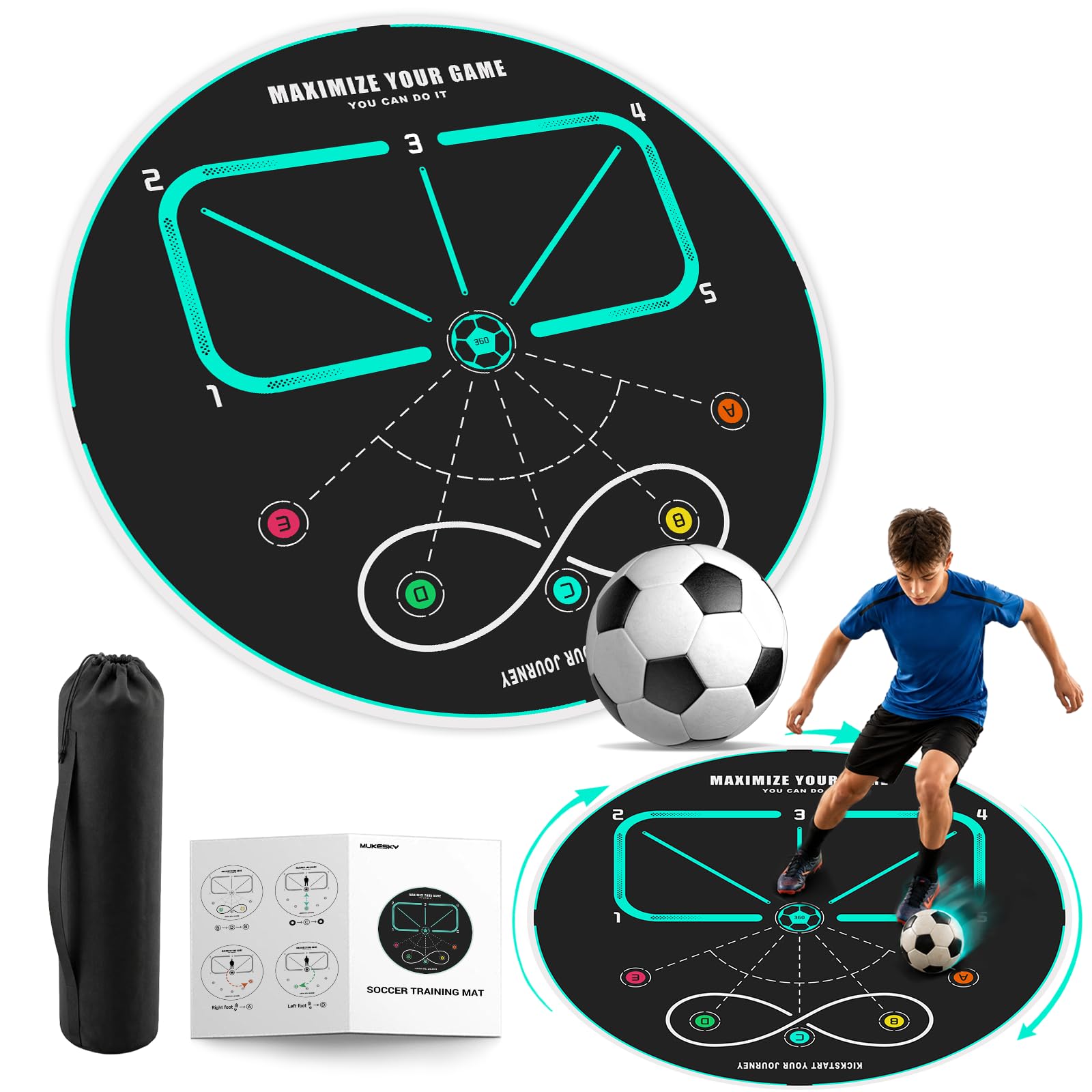 360° Fußball Trainingsmatte Kinder & Erwachsene – Rutschfeste Geräuscharme Fußballmatte für Ballkontrolle, Koordination, Agility & Footwork Training, Fußball Trainer für Indoor & Outdoor