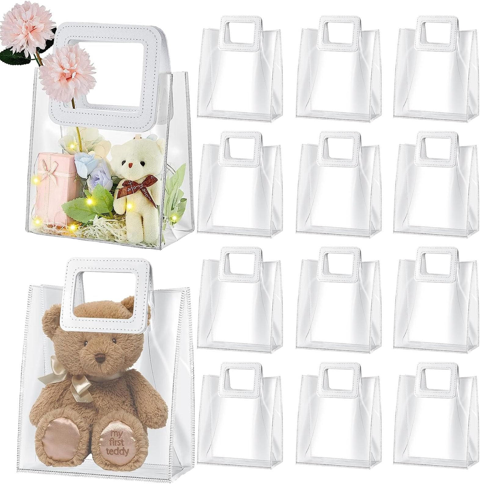 YHOME 16 PCS Clear PVC Gift Bags with Handles, Party gift bag, Reusable Small Transparent Gift Wrap Bags, Transparent Shopping Bags for Party Bags, Birthday Bag, Small Gift Bags (White)