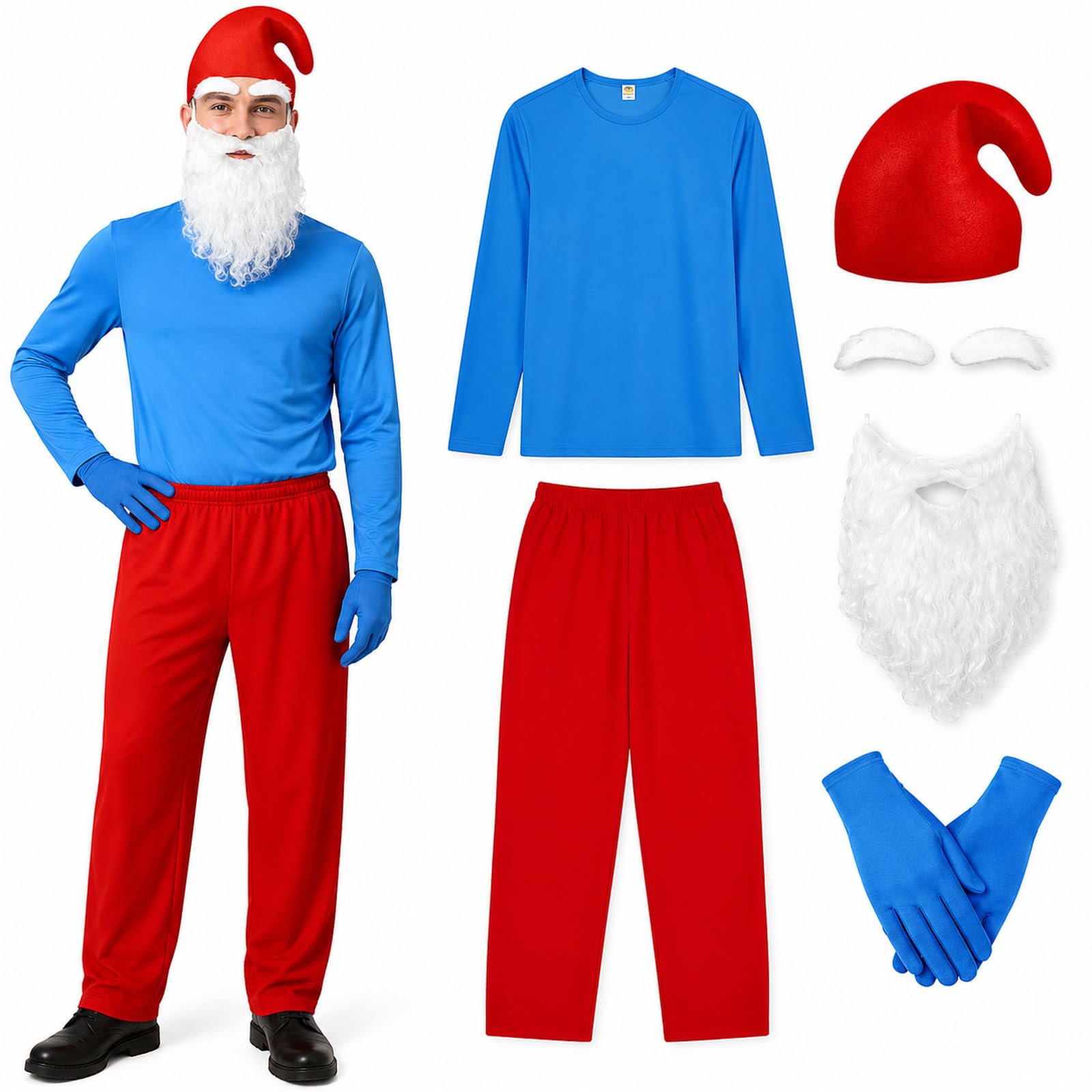 Adult Gnome Costume Sets Blue Elf Outfit Shirt Pants and Hat Gloves Blue Elf Fancy Dress Halloween Cosplay Party(Red,XL)