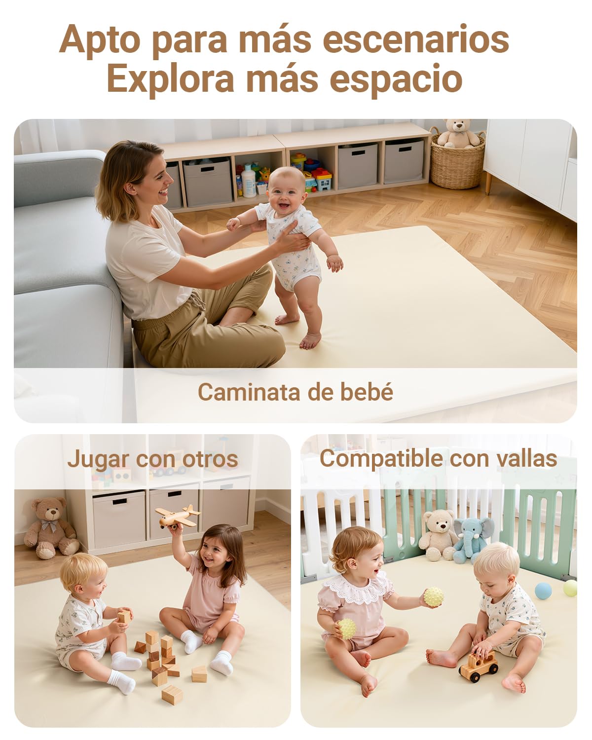 Impermeable Alfombra Bebe 127x127x3 cm,Beige Tapete Bebe de Cuero Sintético,Espuma Alfombras Infantiles,Base Antideslizante,Fácil de Limpiar, Colchoneta Bebe Suelo Para Habitación Infantil