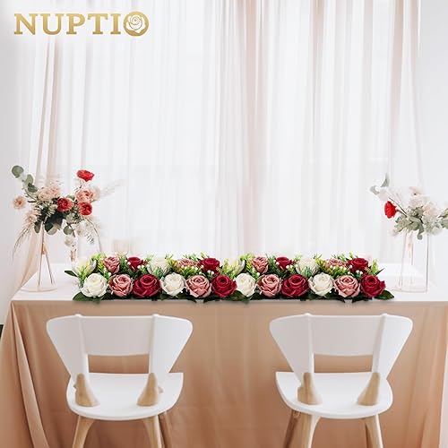 Miniatura 3 de NUPTIO Centros de mesa de flores artificiales para mesas, 6 unidades, color borgoña, rosa polvorienta y blanco cremoso, arreglos de rosas falsas de