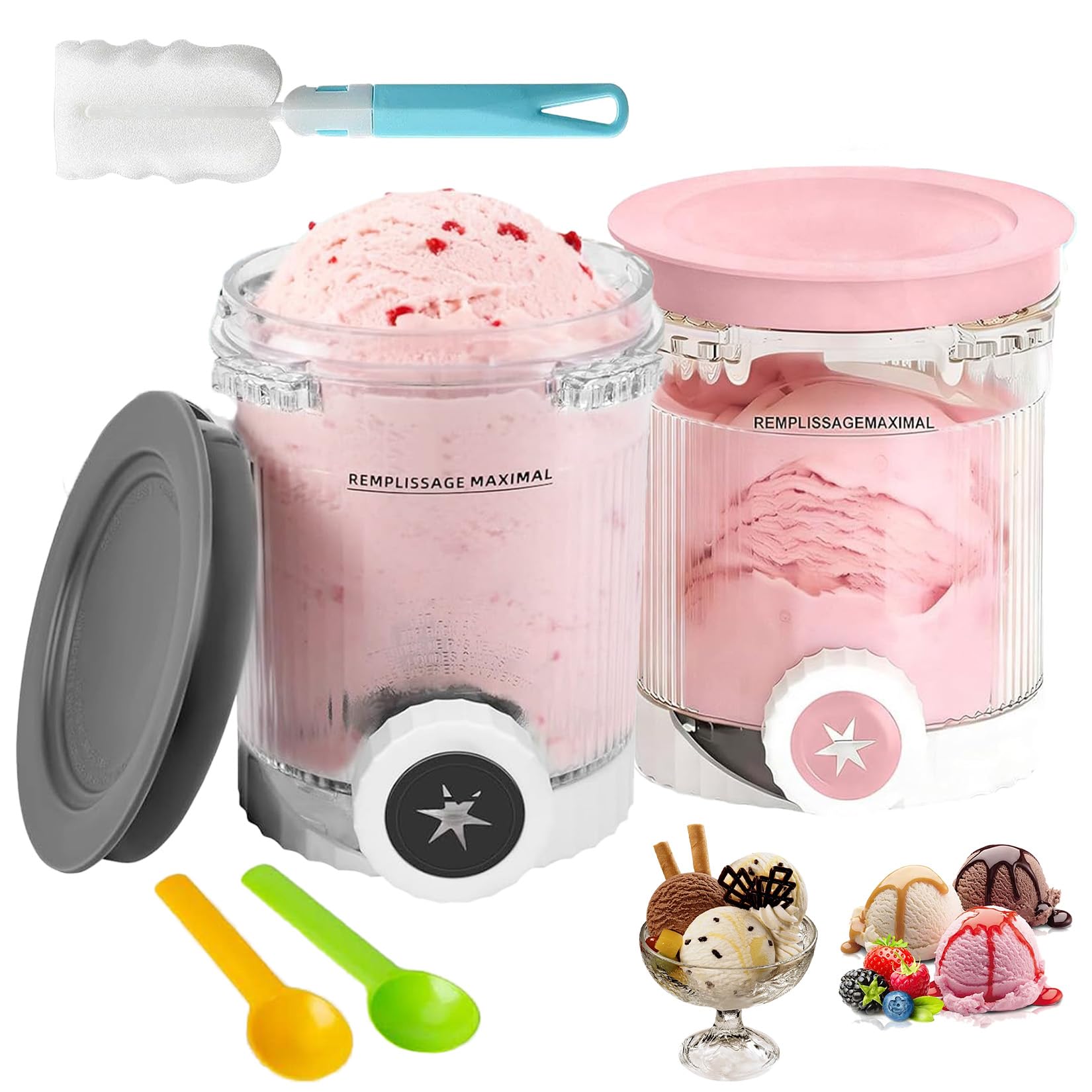 2 Stück Ersatzbehälter Kompatibel mit Ninja CREAMi, Eisbecher in Grau & Rosa mit 2 Löffeln & 1 Reinigungsbürste, 480ml Aufbewahrungsbecher für Eiscreme & Sorbet, BPA-frei & Spülmaschinenfest